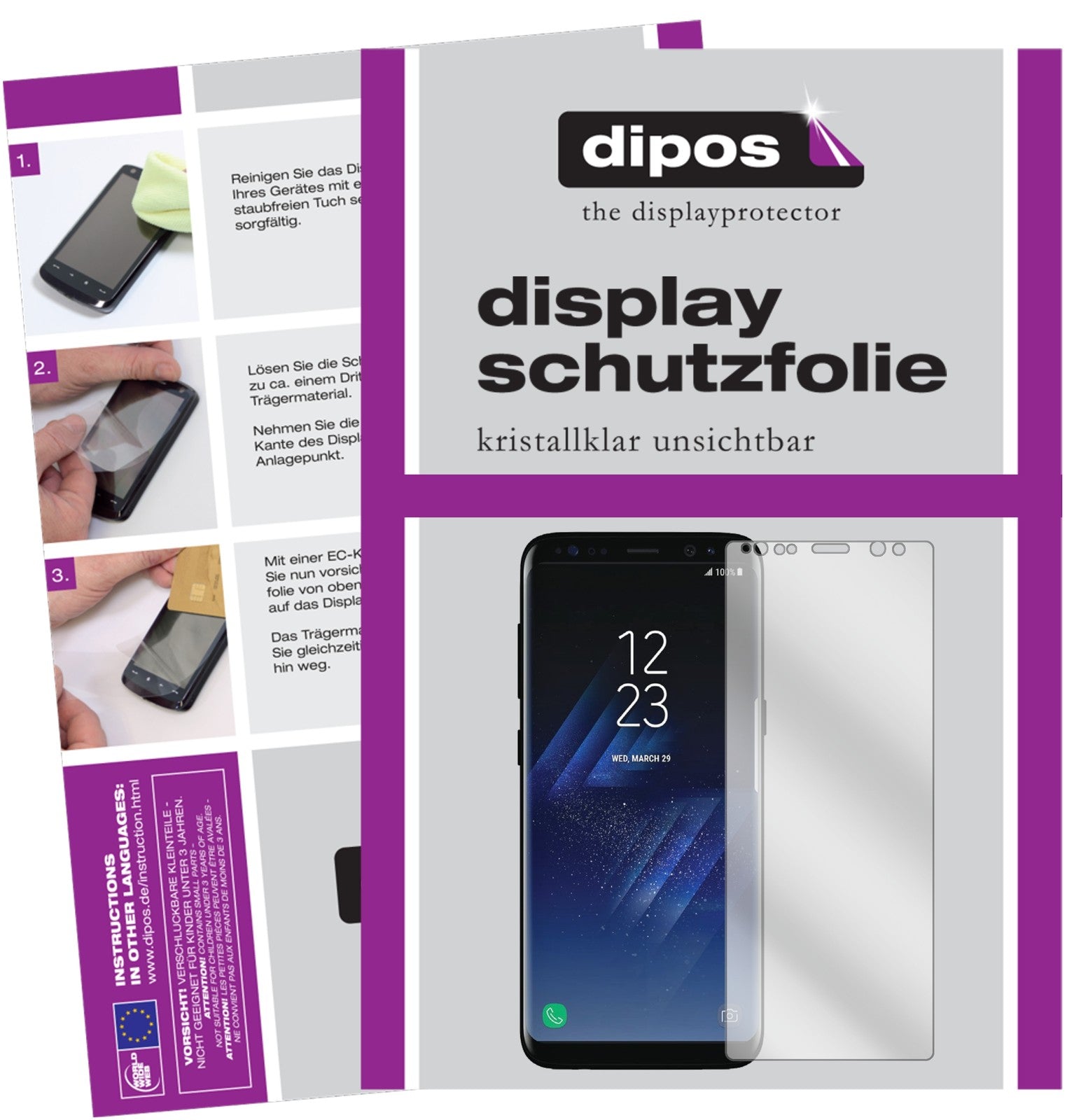 Klare Displayschutzfolie von dipos passend für Samsung Galaxy S8 Plus, präziser Zuschnitt und blasenfrei montiert