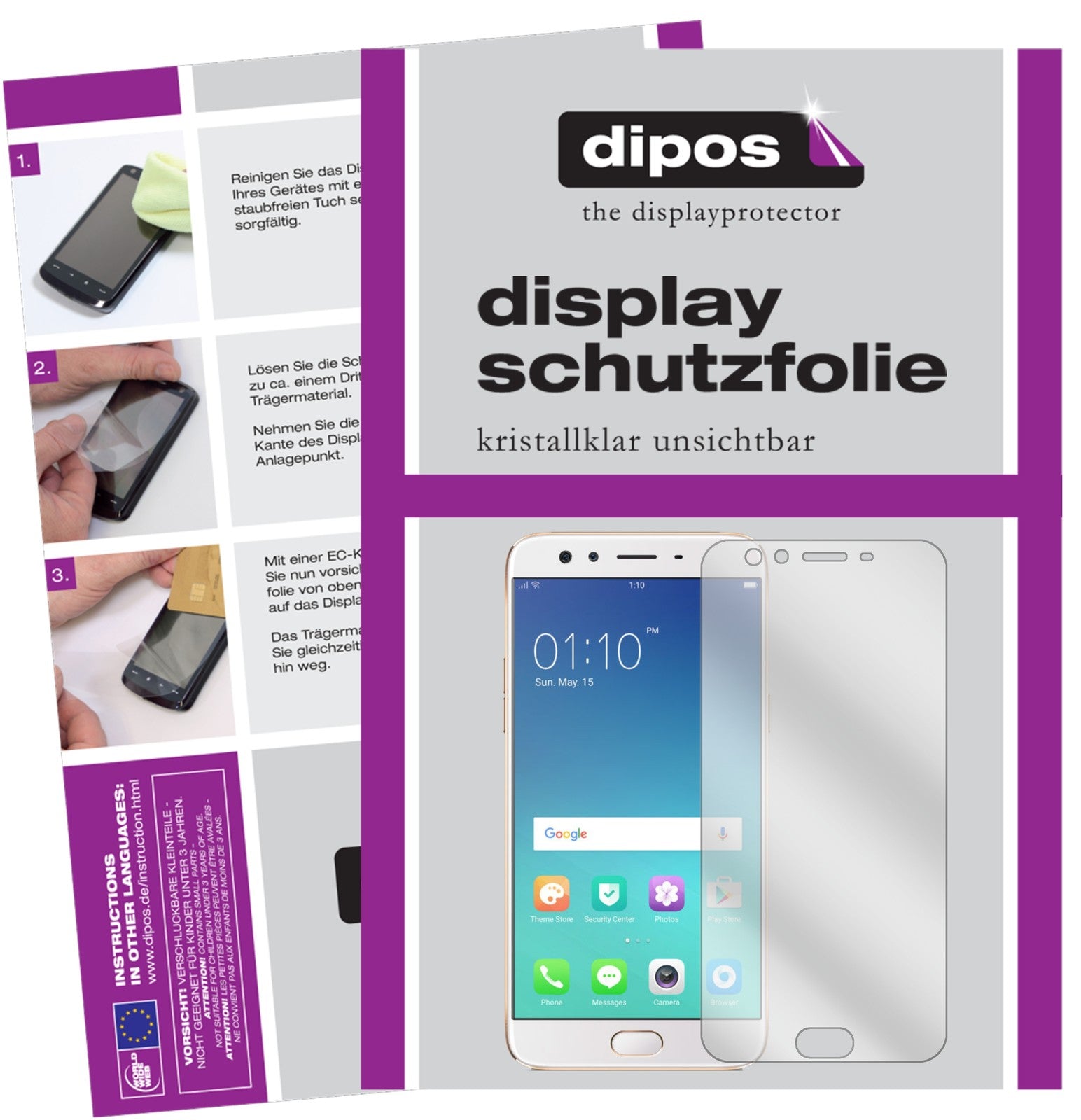 Klare Displayschutzfolie von dipos passend für Oppo F3 Plus, präziser Zuschnitt und blasenfrei montiert