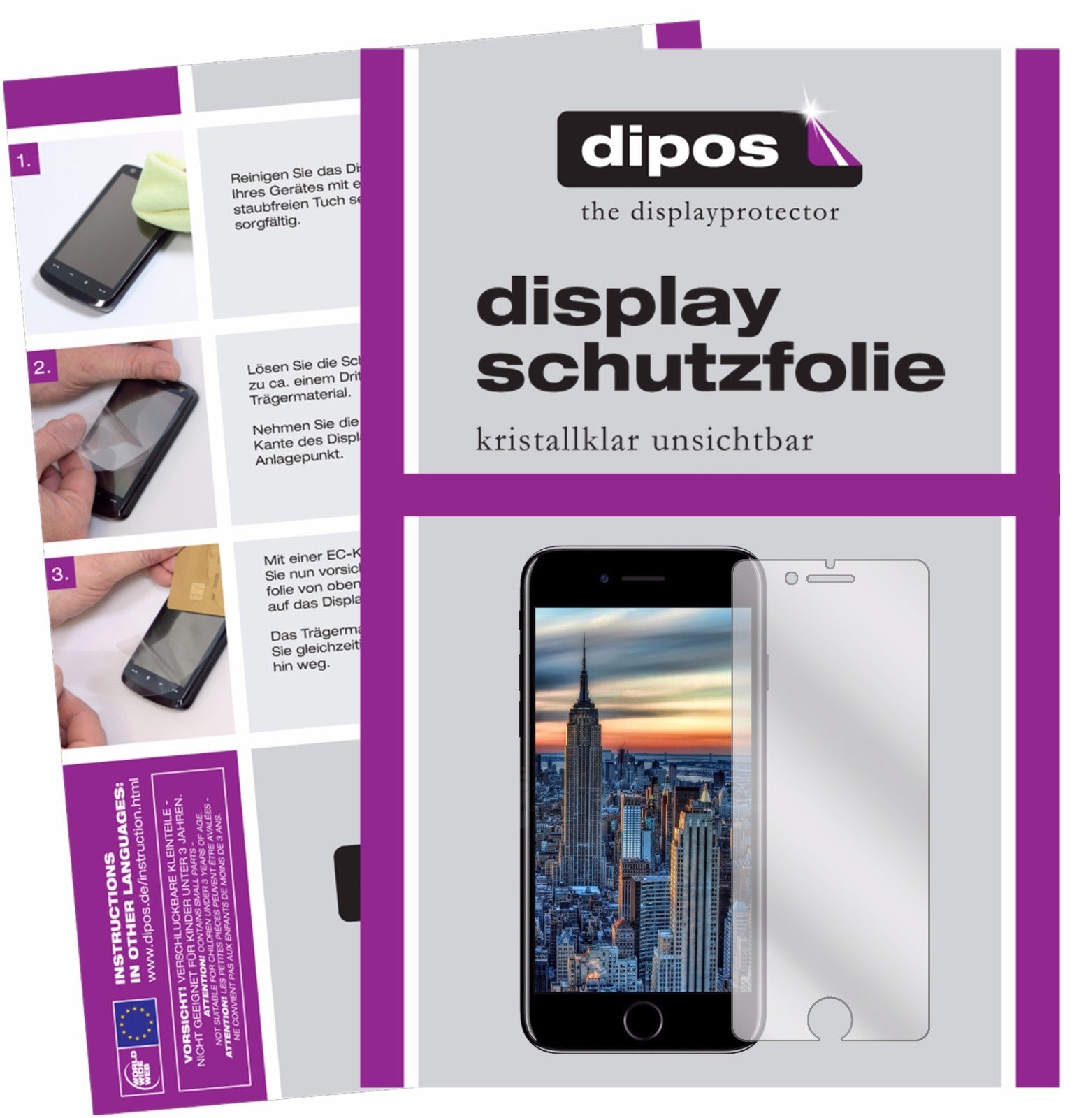Klare Displayschutzfolie von dipos passend für Apple iPhone 8 Plus, präziser Zuschnitt und blasenfrei montiert