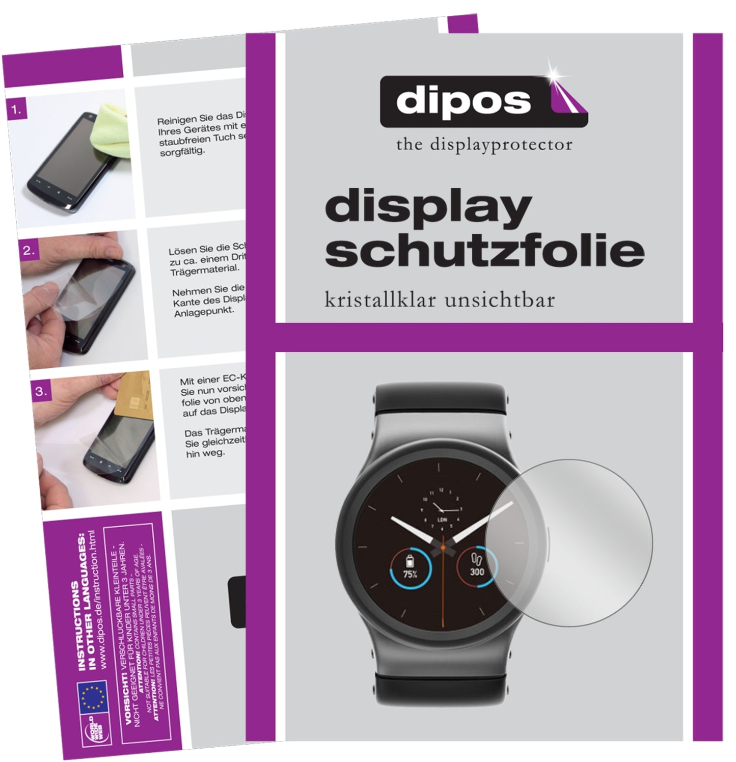 Klare Displayschutzfolie von dipos passend für Uhr 34 mm Durchmesser, präziser Zuschnitt und blasenfrei montiert