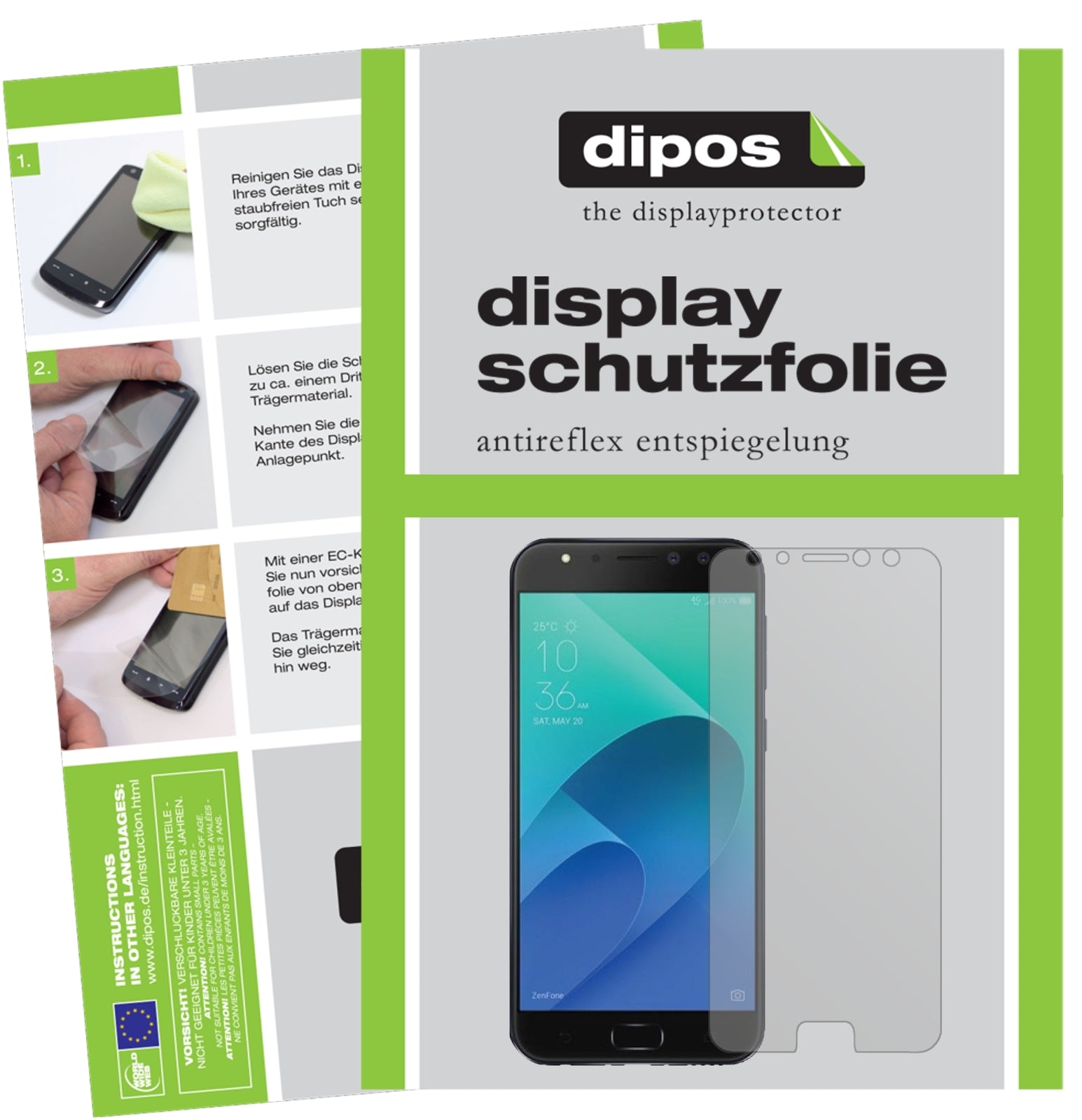 Matte Displayschutzfolie von dipos passend für Asus Zenfone 4 Selfie Pro ZD552KL, präziser Zuschnitt und blasenfrei montiert