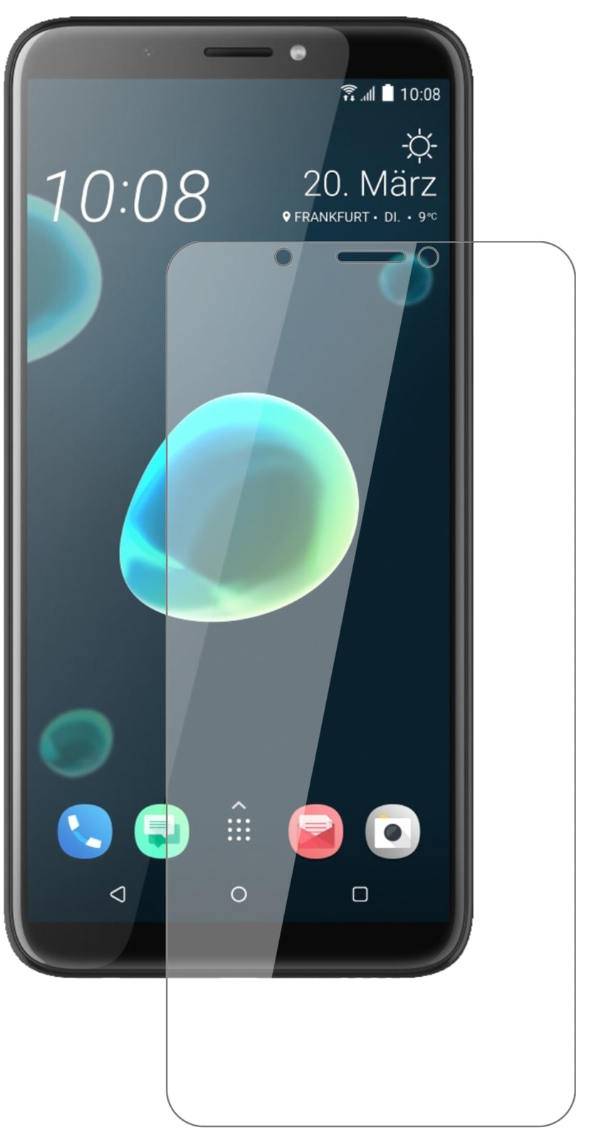 HTCDesire 12 Plus mit aufgebrachter dipos Flex Schutzfolie, glasklare Darstellung ohne Einschränkungen
