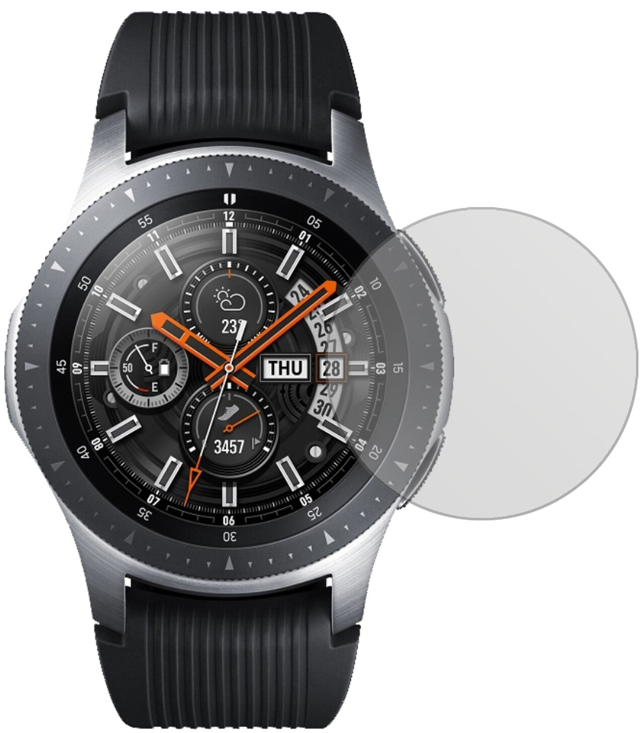 SamsungGalaxy Watch 46mm mit aufgebrachter dipos Displayschutzfolie, die lästige Fingerabdrücke minimiert