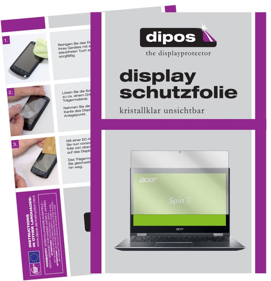 Klare Displayschutzfolie von dipos passend für Acer Spin 3 SP314-51-P0WG, präziser Zuschnitt und blasenfrei montiert