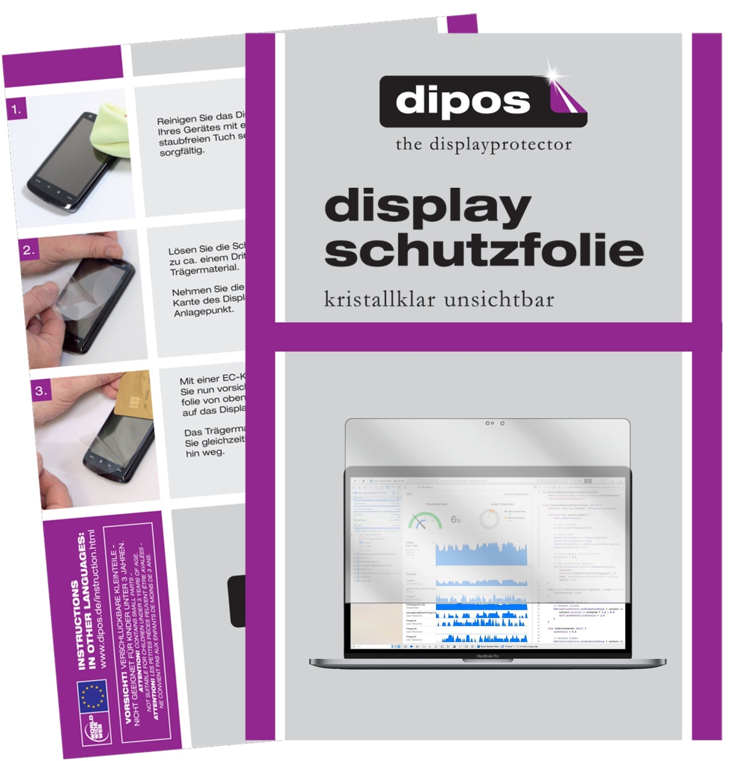 Klare Displayschutzfolie von dipos passend für Apple MacBook Pro 13 Zoll 2018, präziser Zuschnitt und blasenfrei montiert