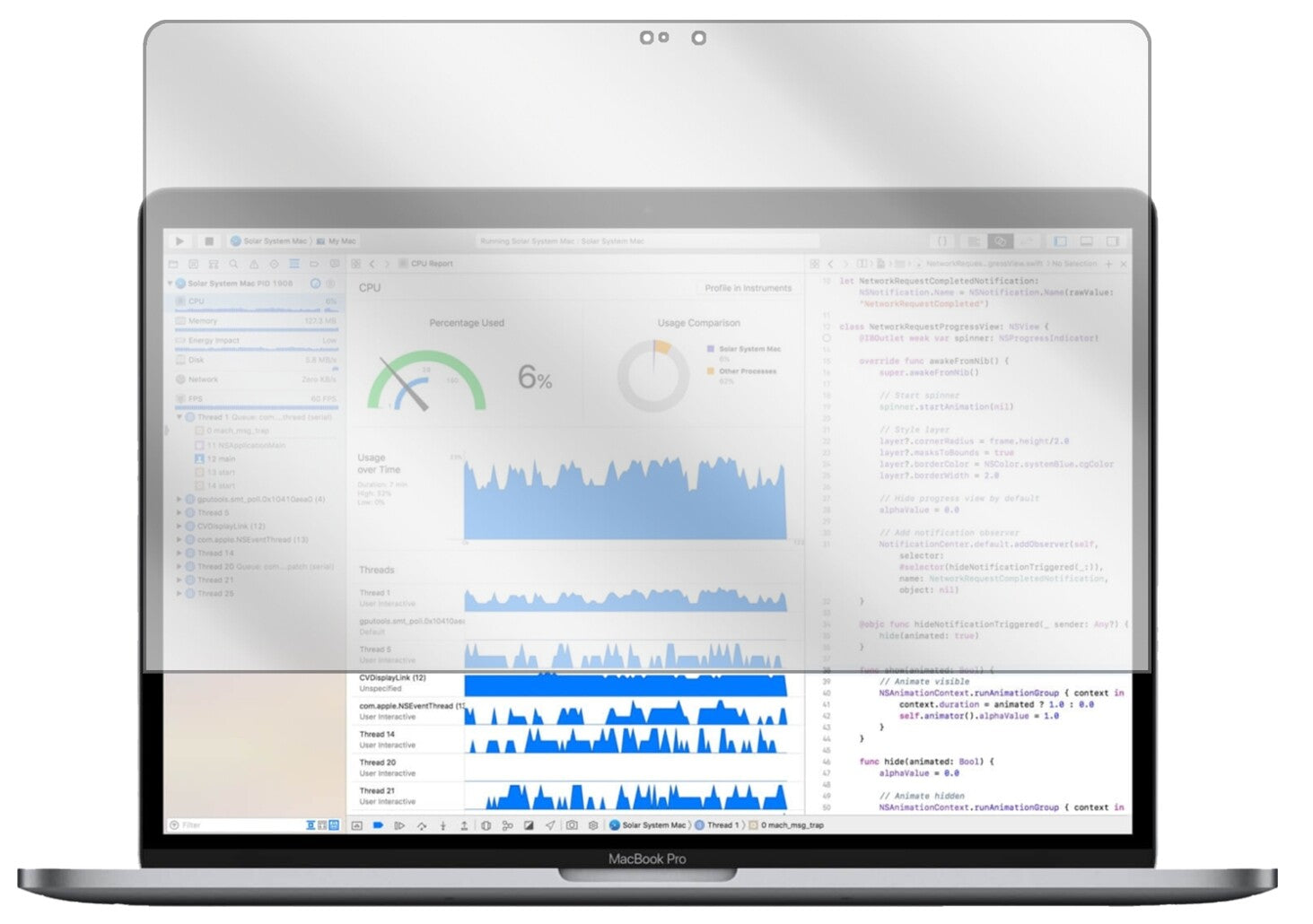 AppleMacBook Pro 13 Zoll 2018 mit aufgebrachter dipos Displayschutzfolie, glasklare Darstellung ohne Einschränkungen