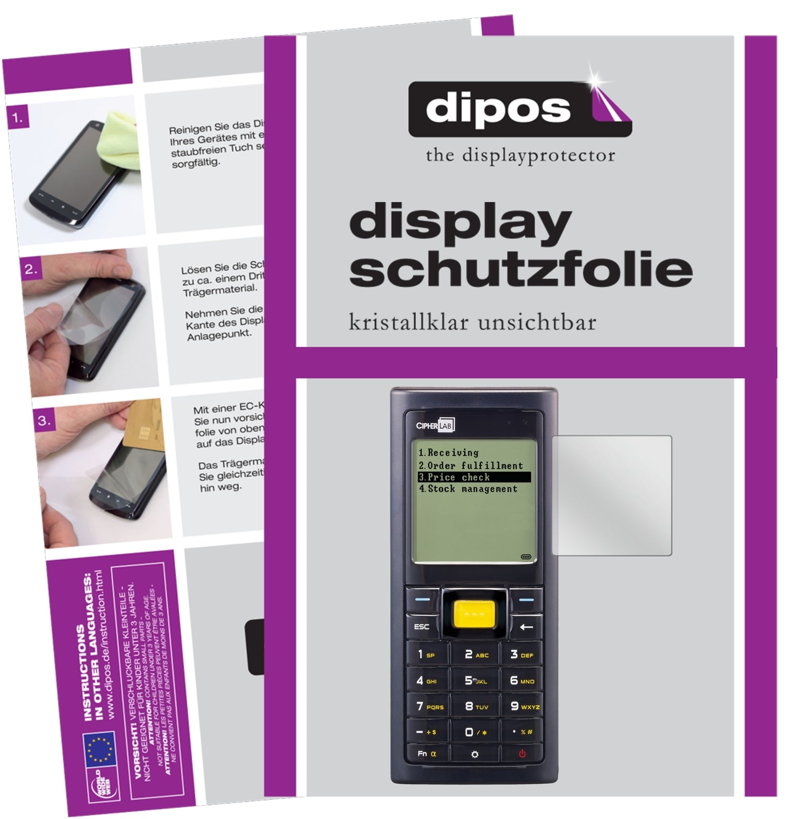 Klare Displayschutzfolie von dipos passend für Cipherlab 8260, präziser Zuschnitt und blasenfrei montiert