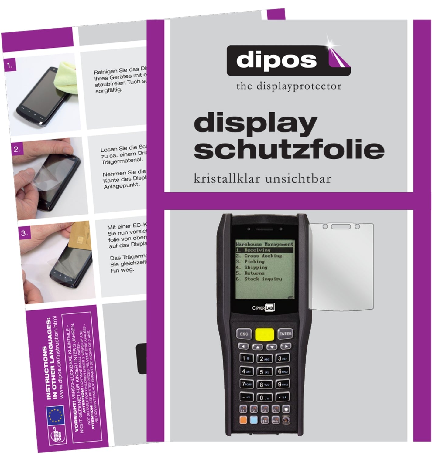 Klare Displayschutzfolie von dipos passend für Cipherlab 8470, präziser Zuschnitt und blasenfrei montiert