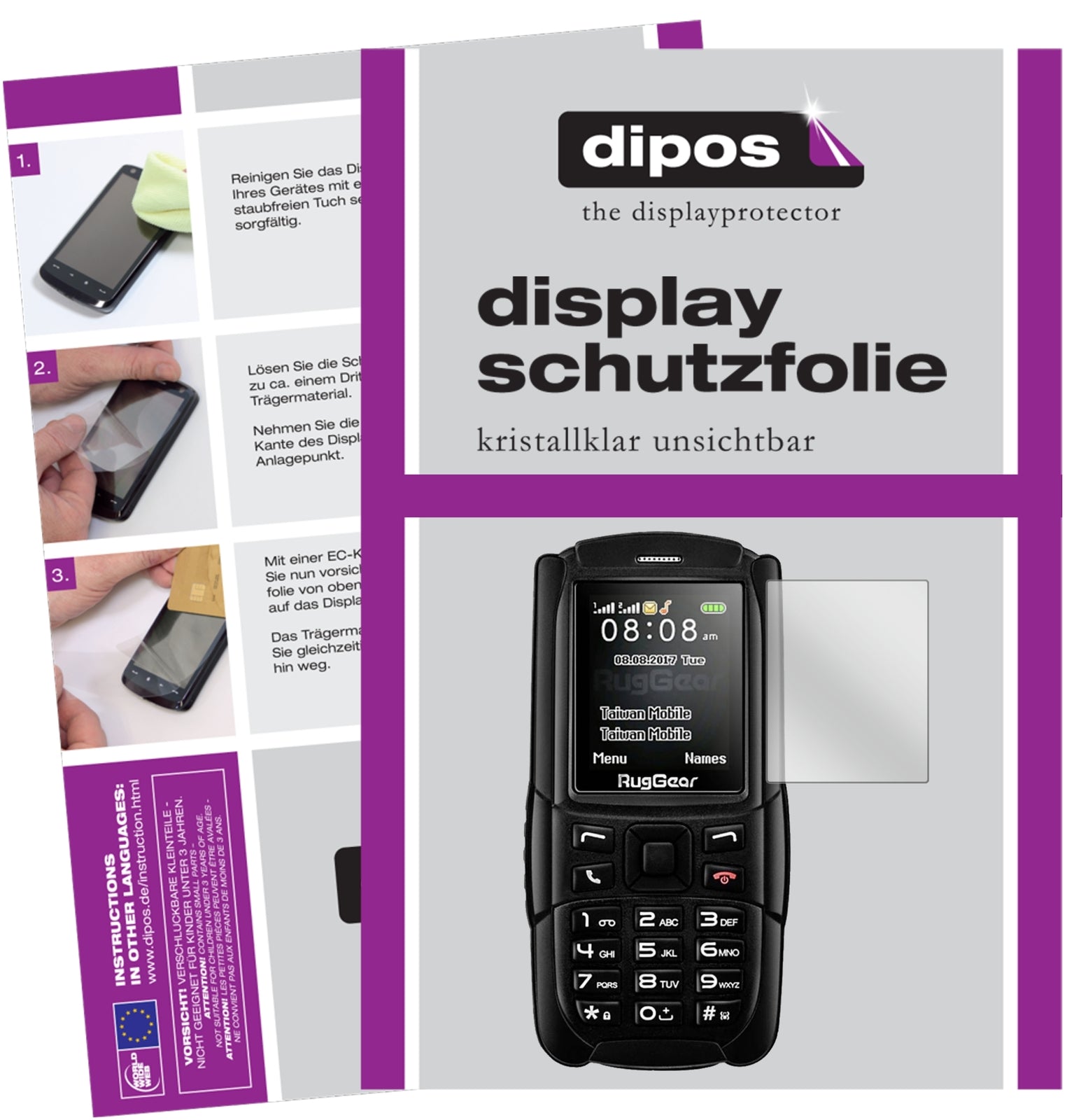 Klare Displayschutzfolie von dipos passend für RugGear RG129, präziser Zuschnitt und blasenfrei montiert