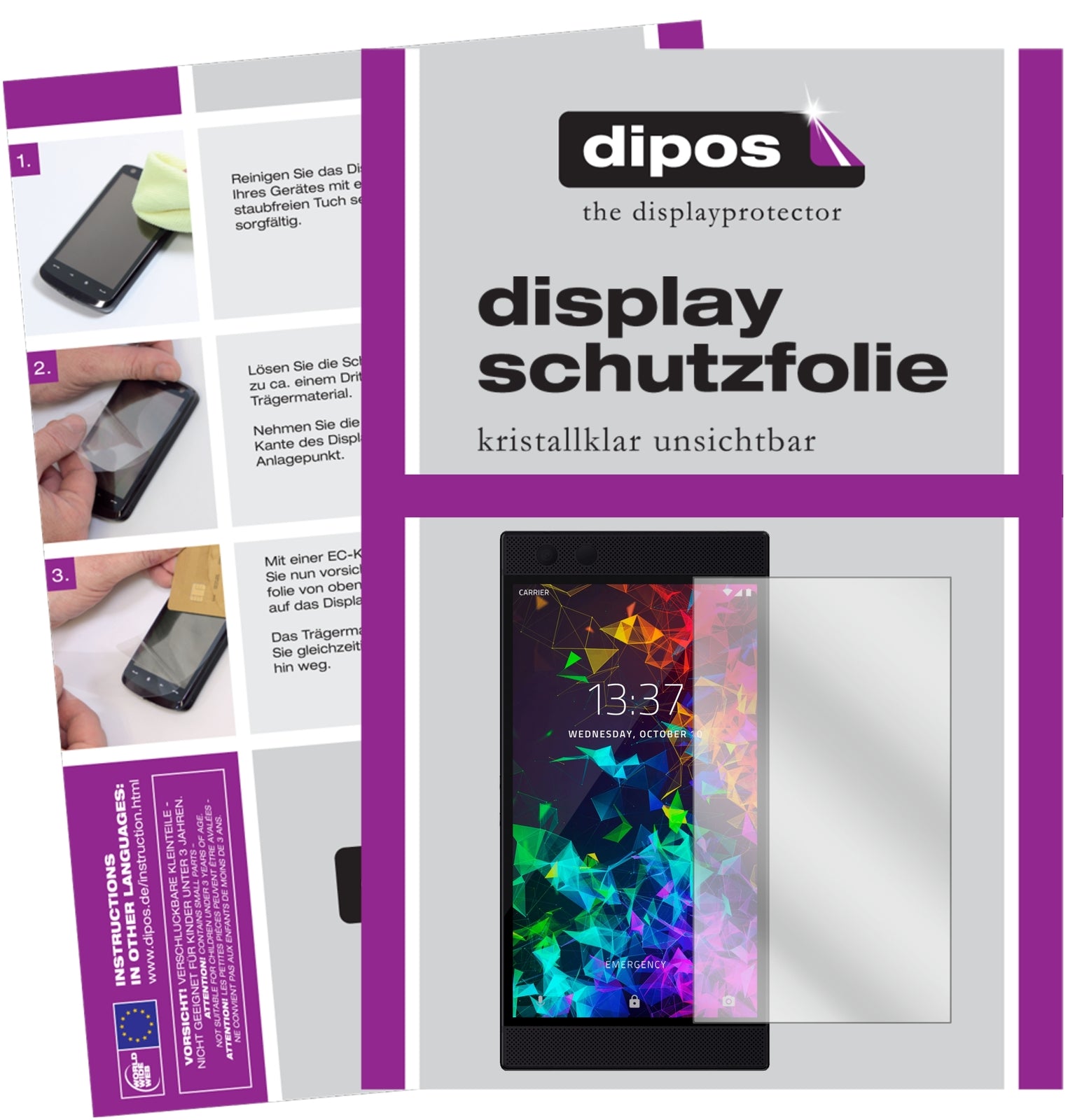 Klare Displayschutzfolie von dipos passend für Razer Phone 2, präziser Zuschnitt und blasenfrei montiert