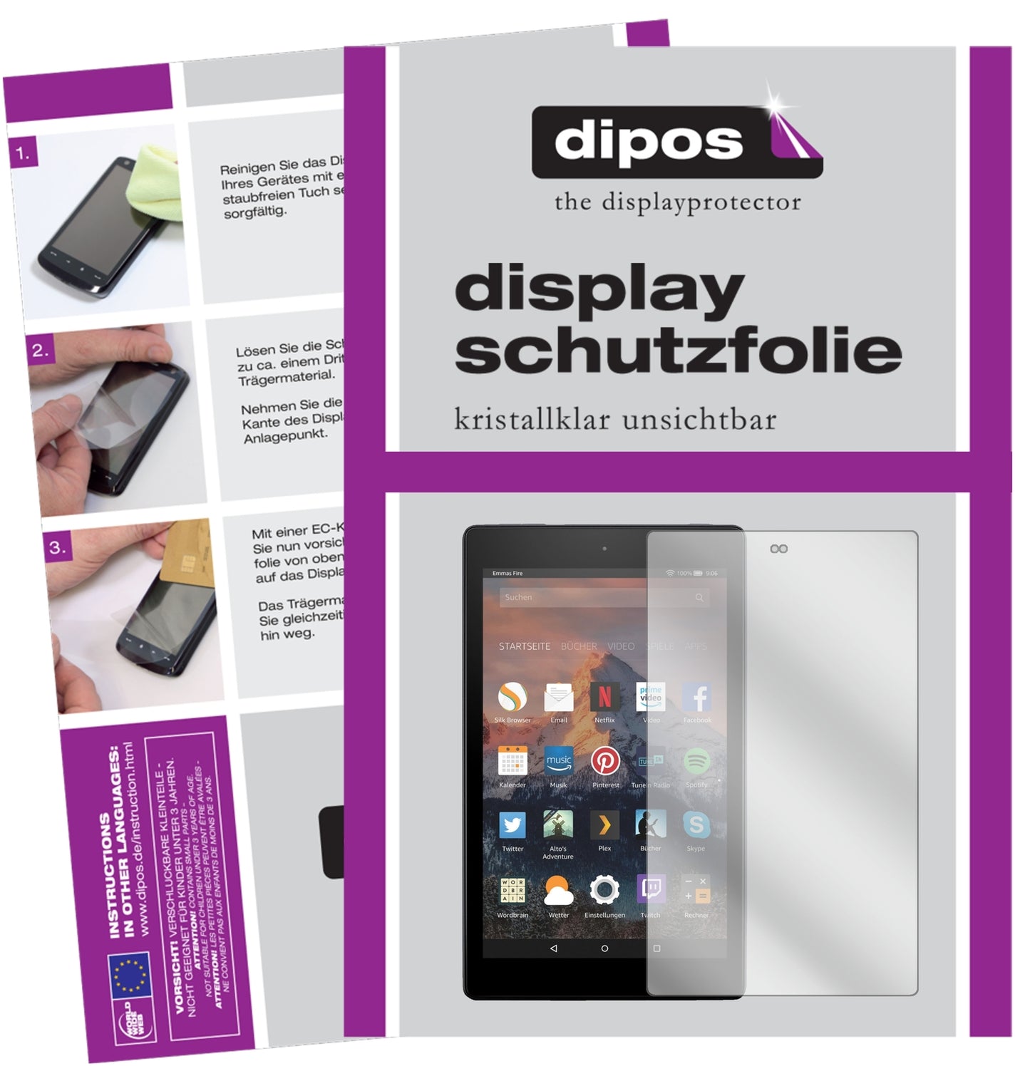 Klare Displayschutzfolie von dipos passend für Amazon Fire HD 8 Plus (2020), präziser Zuschnitt und blasenfrei montiert