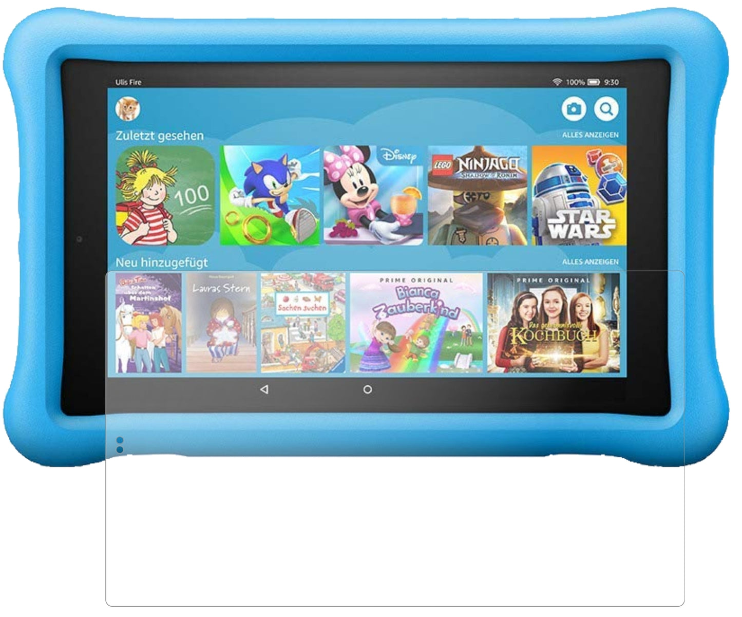 AmazonFire HD 8 Kids Edition (2018) mit aufgebrachter dipos Panzerfolie, die lästige Fingerabdrücke minimiert
