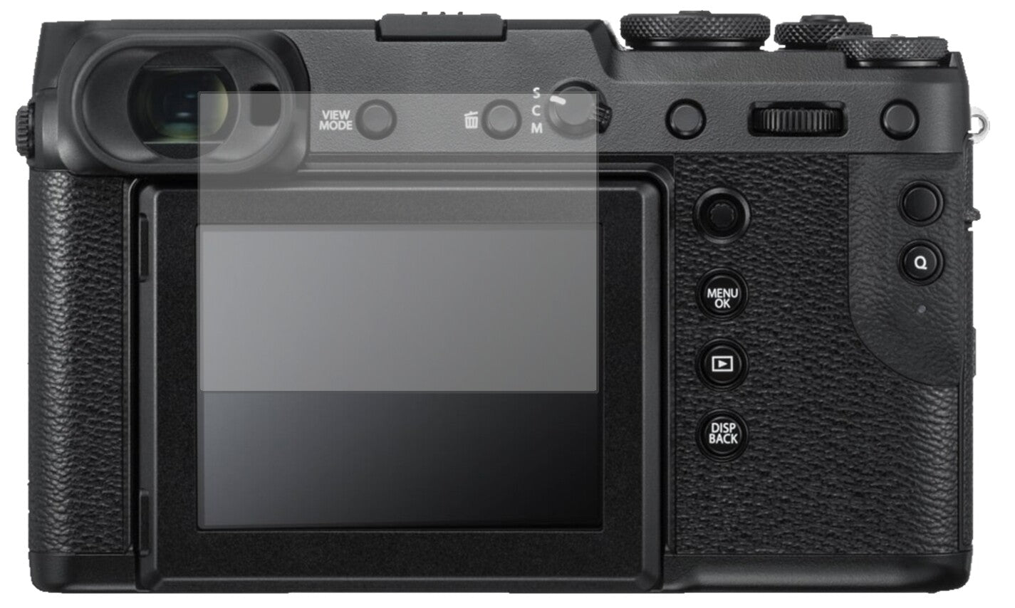 FujifilmGFX 50R mit aufgebrachter dipos Displayschutzfolie, die lästige Fingerabdrücke minimiert