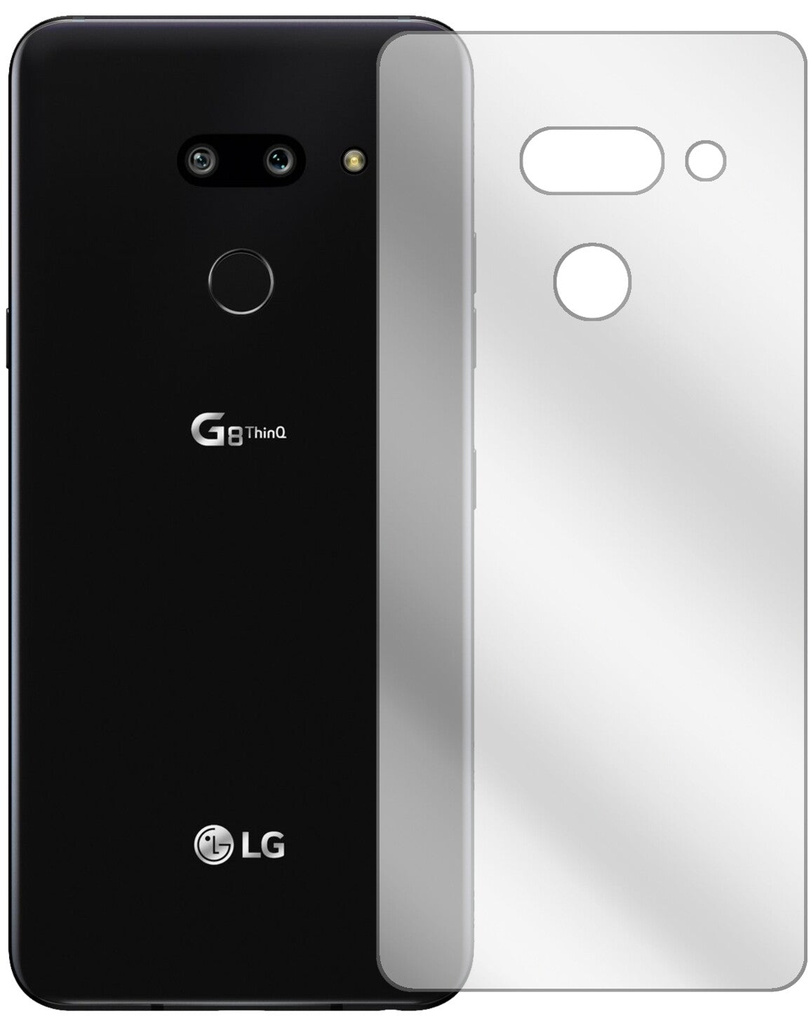 LGG8 ThinQ Rückseite mit aufgebrachter dipos Displayschutzfolie, glasklare Darstellung ohne Einschränkungen