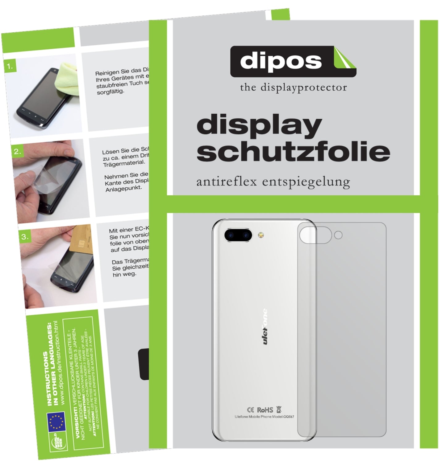Matte Displayschutzfolie von dipos passend für Ulefone T2 Pro Rückseite, präziser Zuschnitt und blasenfrei montiert