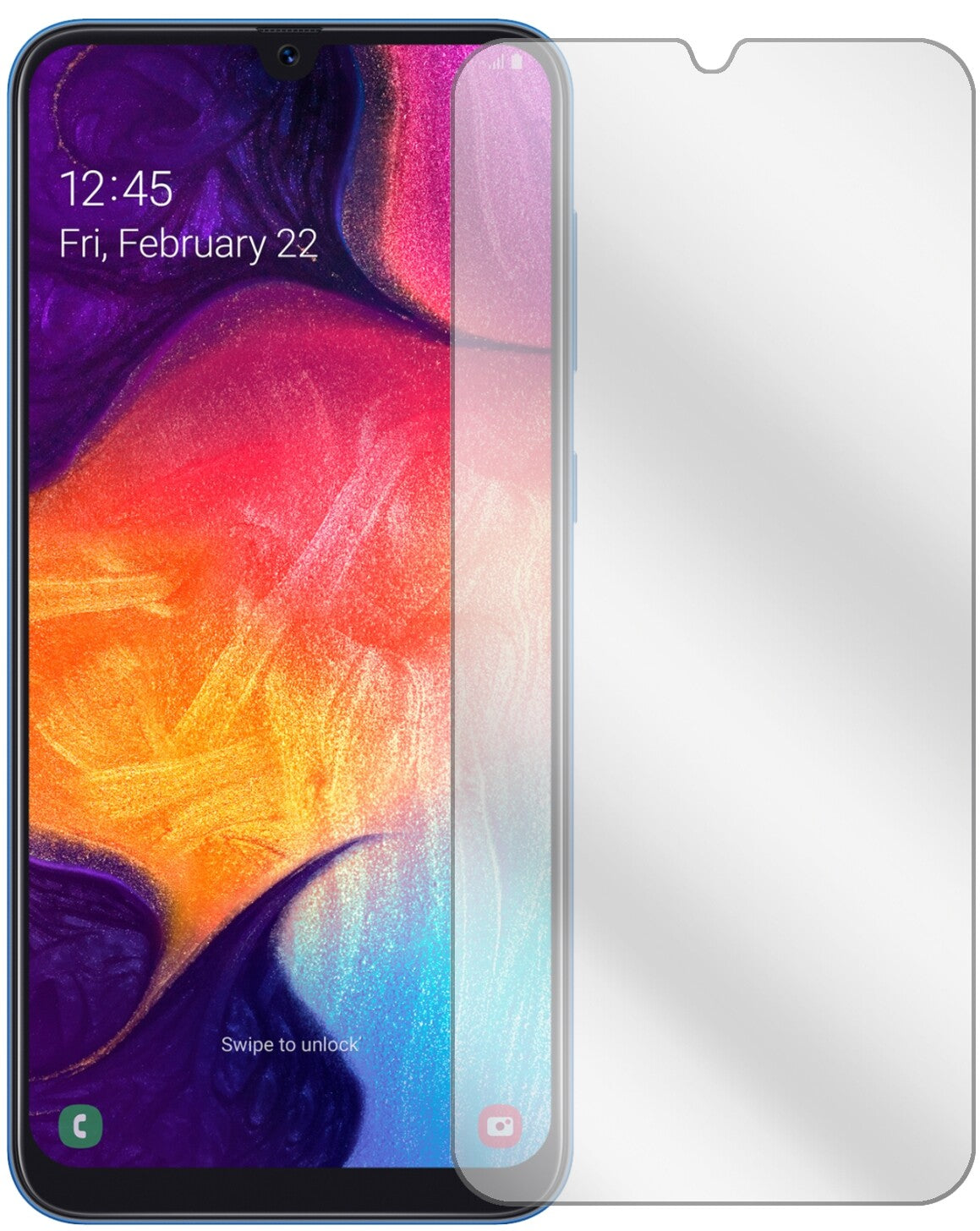 SamsungGalaxy A50 mit aufgebrachter dipos Displayschutzfolie, glasklare Darstellung ohne Einschränkungen