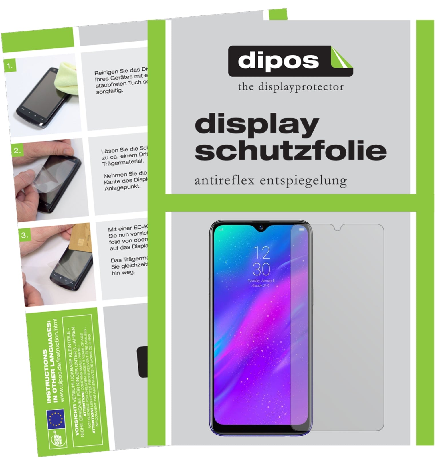 Matte Displayschutzfolie von dipos passend für Oppo Realme 3, präziser Zuschnitt und blasenfrei montiert