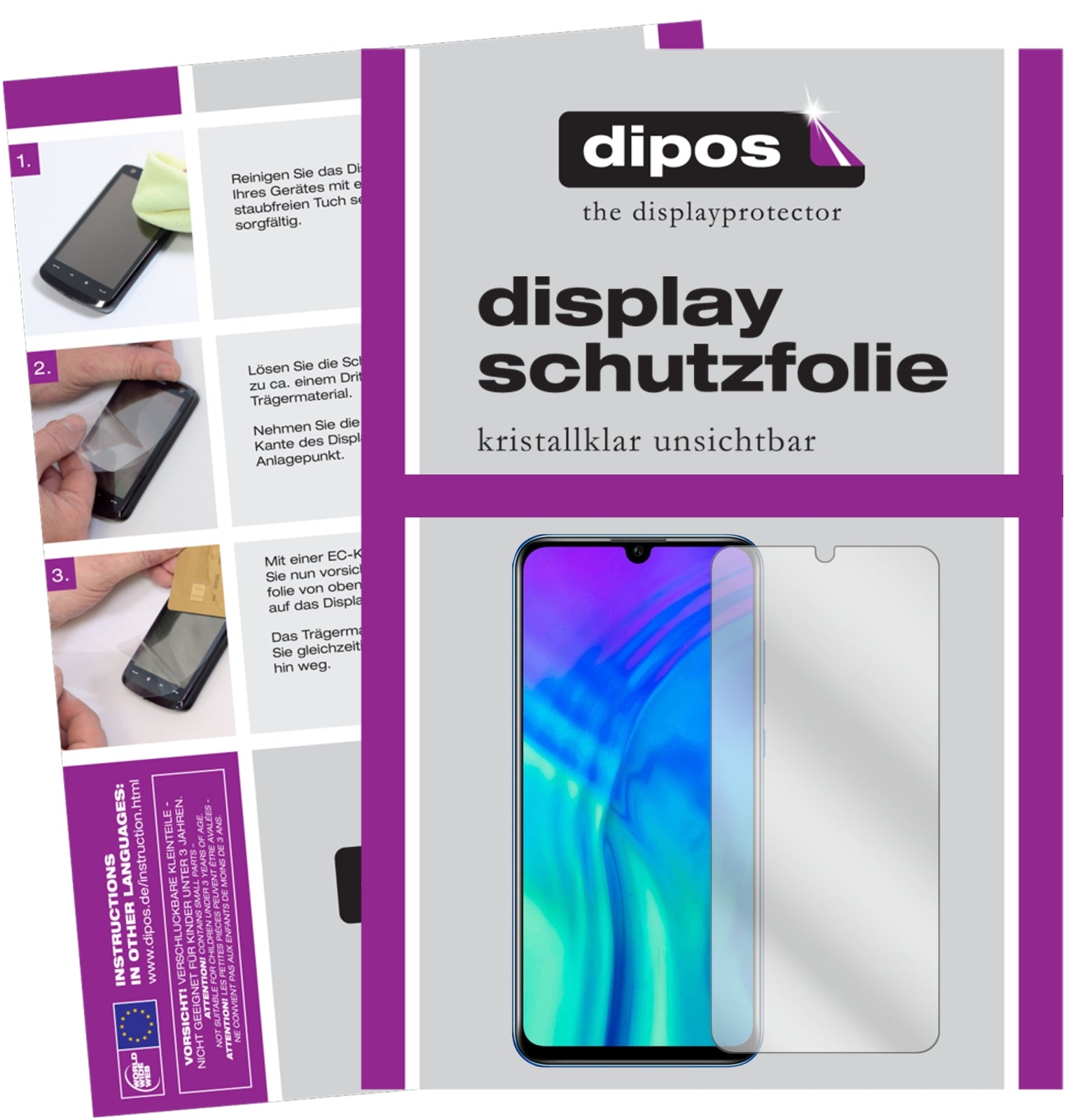 Klare Displayschutzfolie von dipos passend für Honor 20i, präziser Zuschnitt und blasenfrei montiert