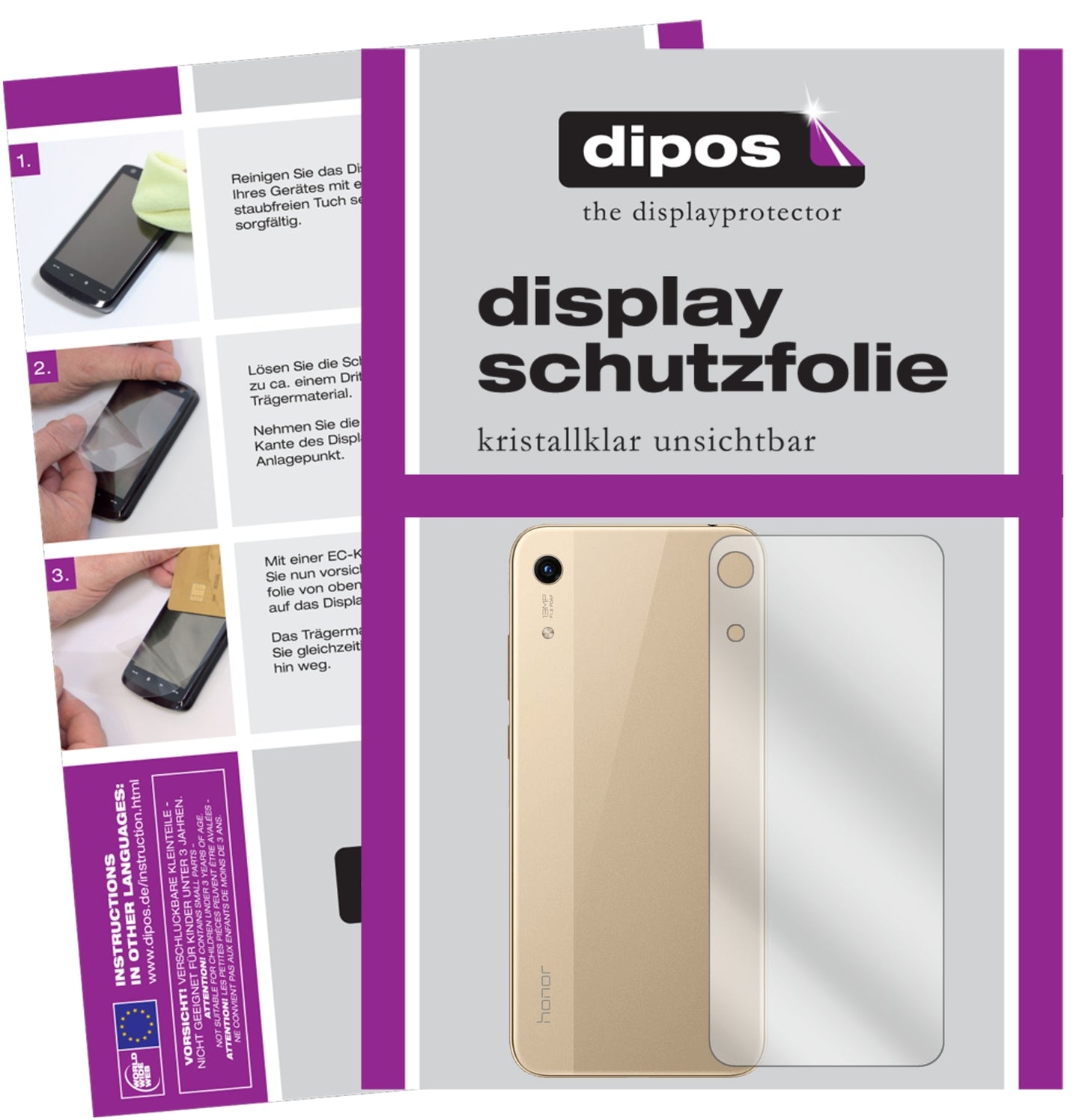 Klare Displayschutzfolie von dipos passend für Honor 8A Rückseite, präziser Zuschnitt und blasenfrei montiert