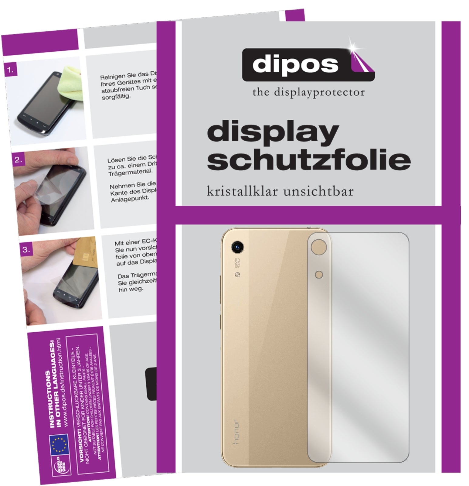Klare Displayschutzfolie von dipos passend für Honor 8A Rückseite, präziser Zuschnitt und blasenfrei montiert