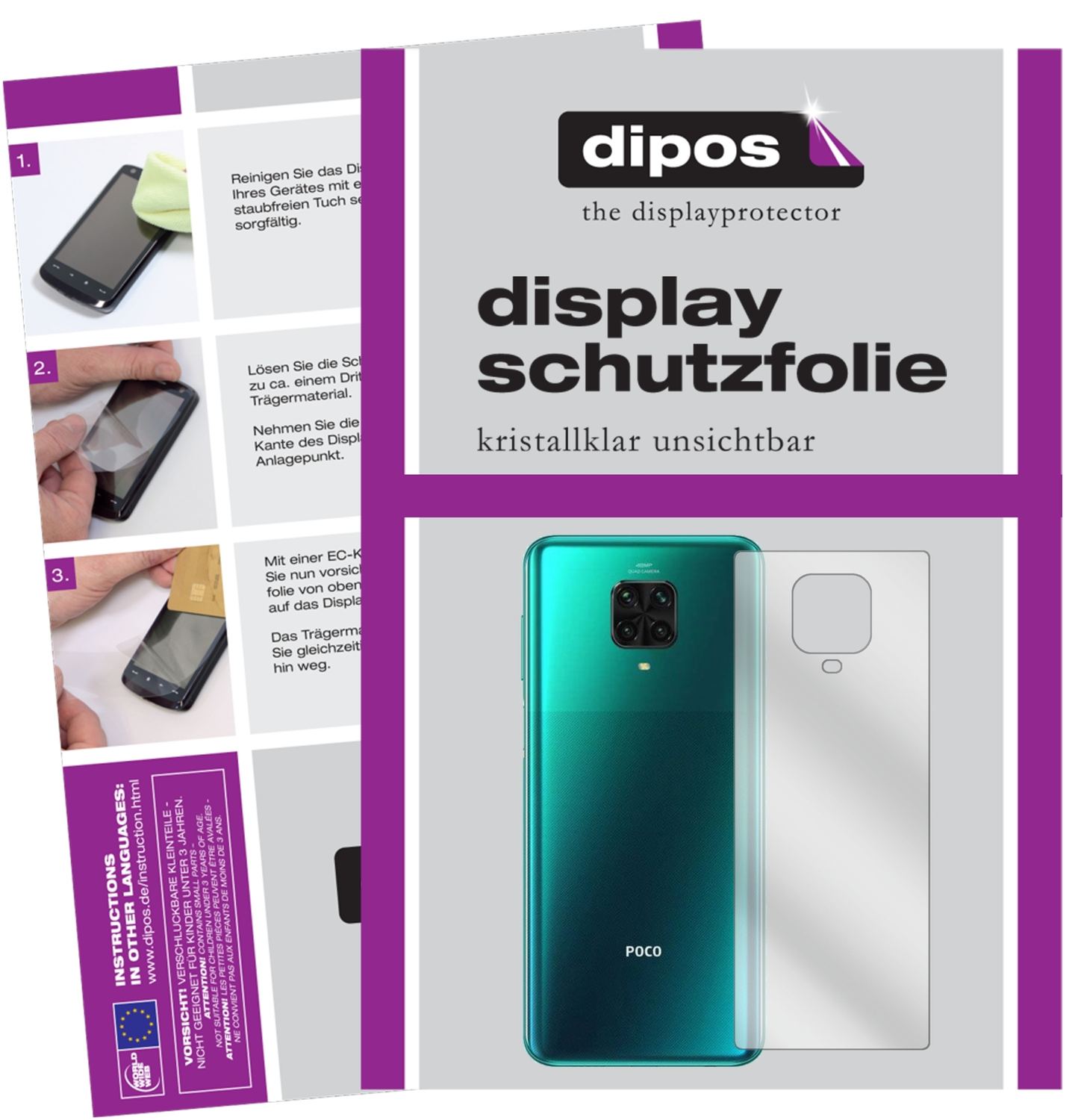 Klare Displayschutzfolie von dipos passend für Xiaomi Poco M2 Pro Rückseite, präziser Zuschnitt und blasenfrei montiert