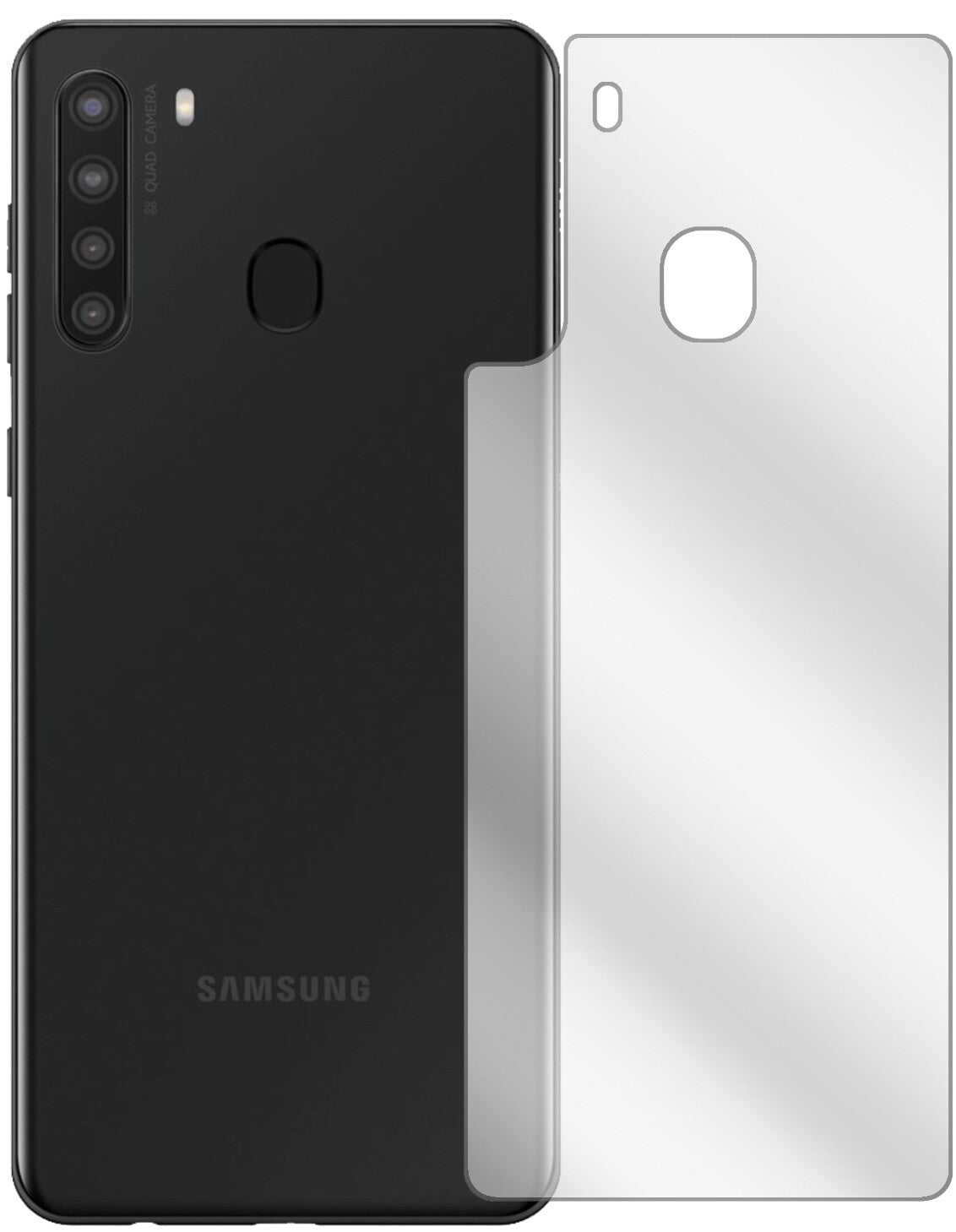 SamsungGalaxy A21 Rückseite mit aufgebrachter dipos Displayschutzfolie, glasklare Darstellung ohne Einschränkungen