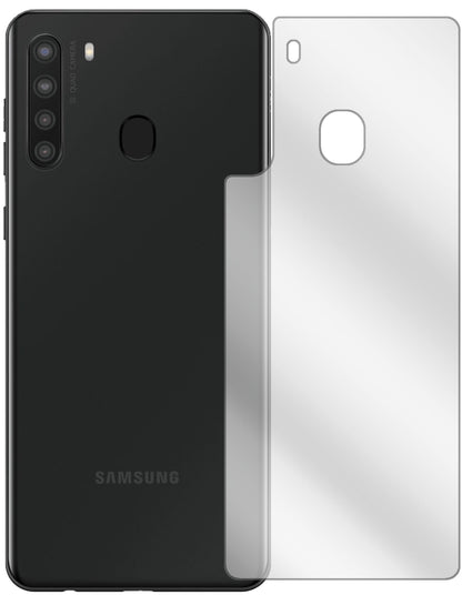 SamsungGalaxy A21 Rückseite mit aufgebrachter dipos Displayschutzfolie, glasklare Darstellung ohne Einschränkungen