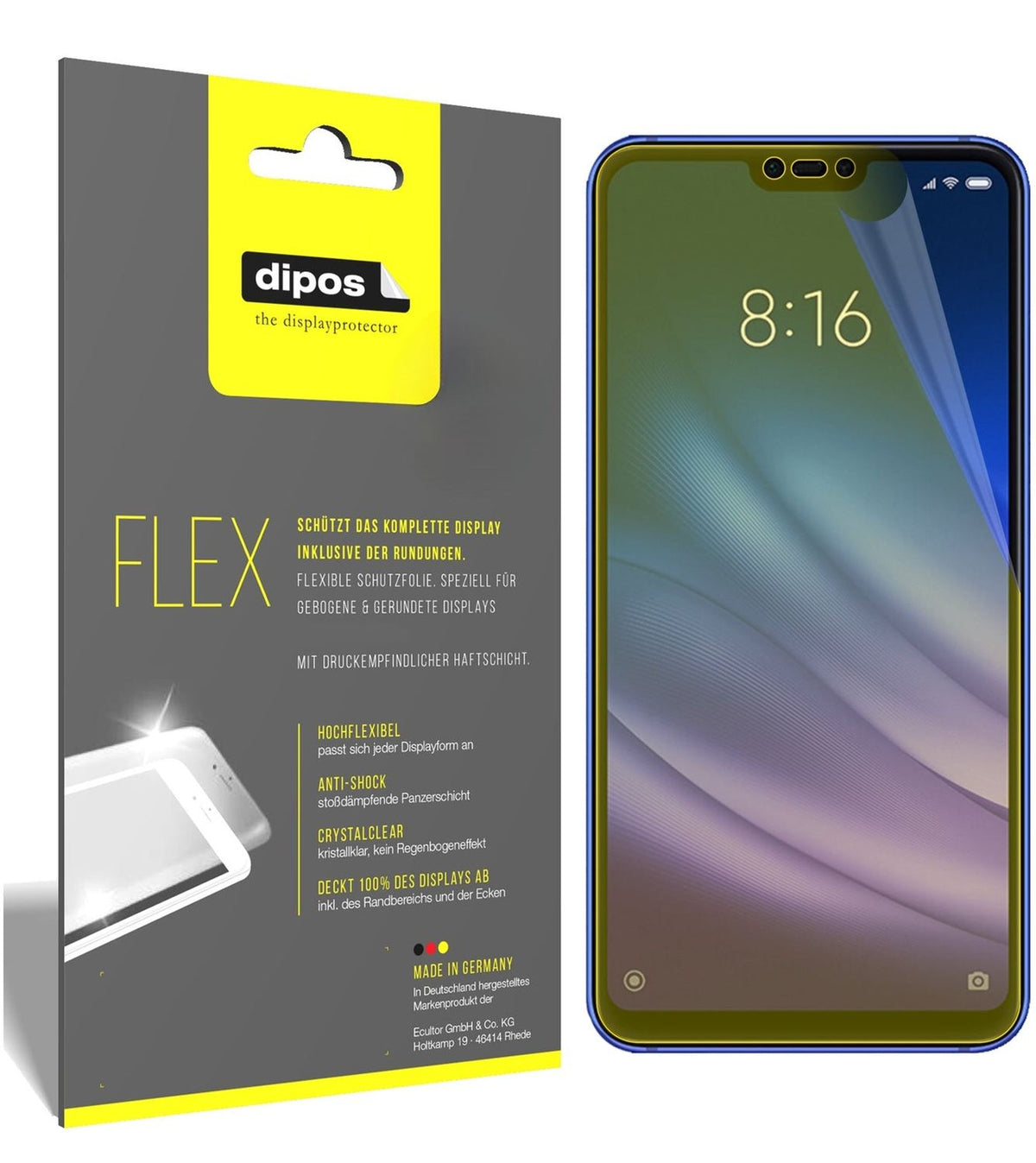 2x Screen Protector for Xiaomi Mi 8 Lite Protective Film covers 100% dipos Flex