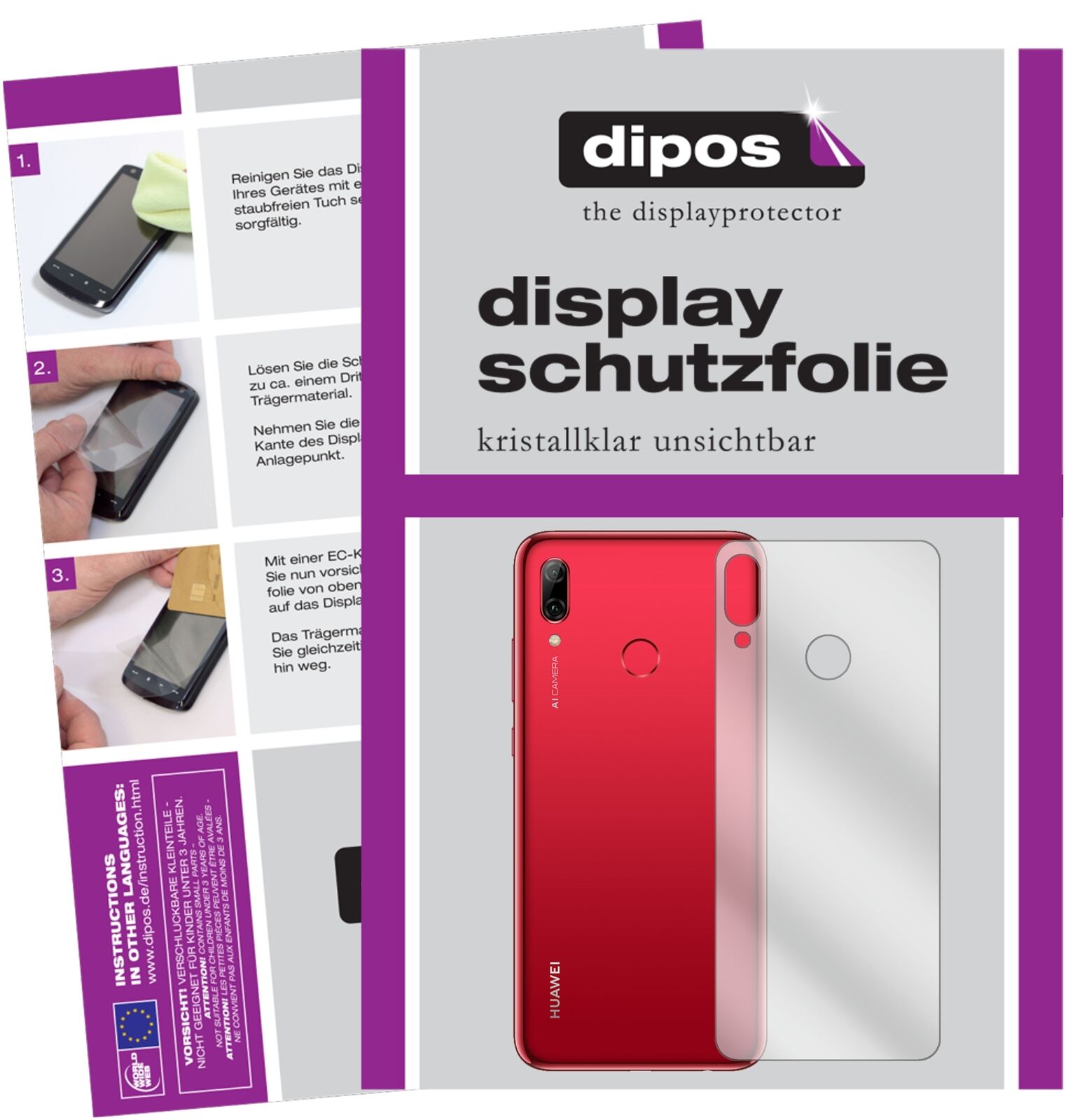 HuaweiNova Lite 3 Rückseite mit aufgebrachter dipos Displayschutzfolie, glasklare Darstellung ohne Einschränkungen