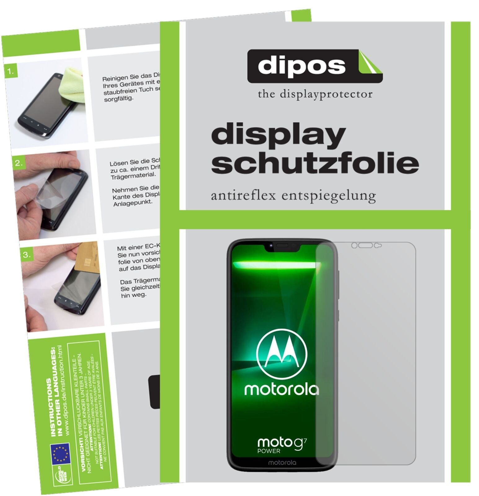 MotorolaMoto G7 Power mit aufgebrachter dipos Displayschutzfolie, die lästige Fingerabdrücke minimiert