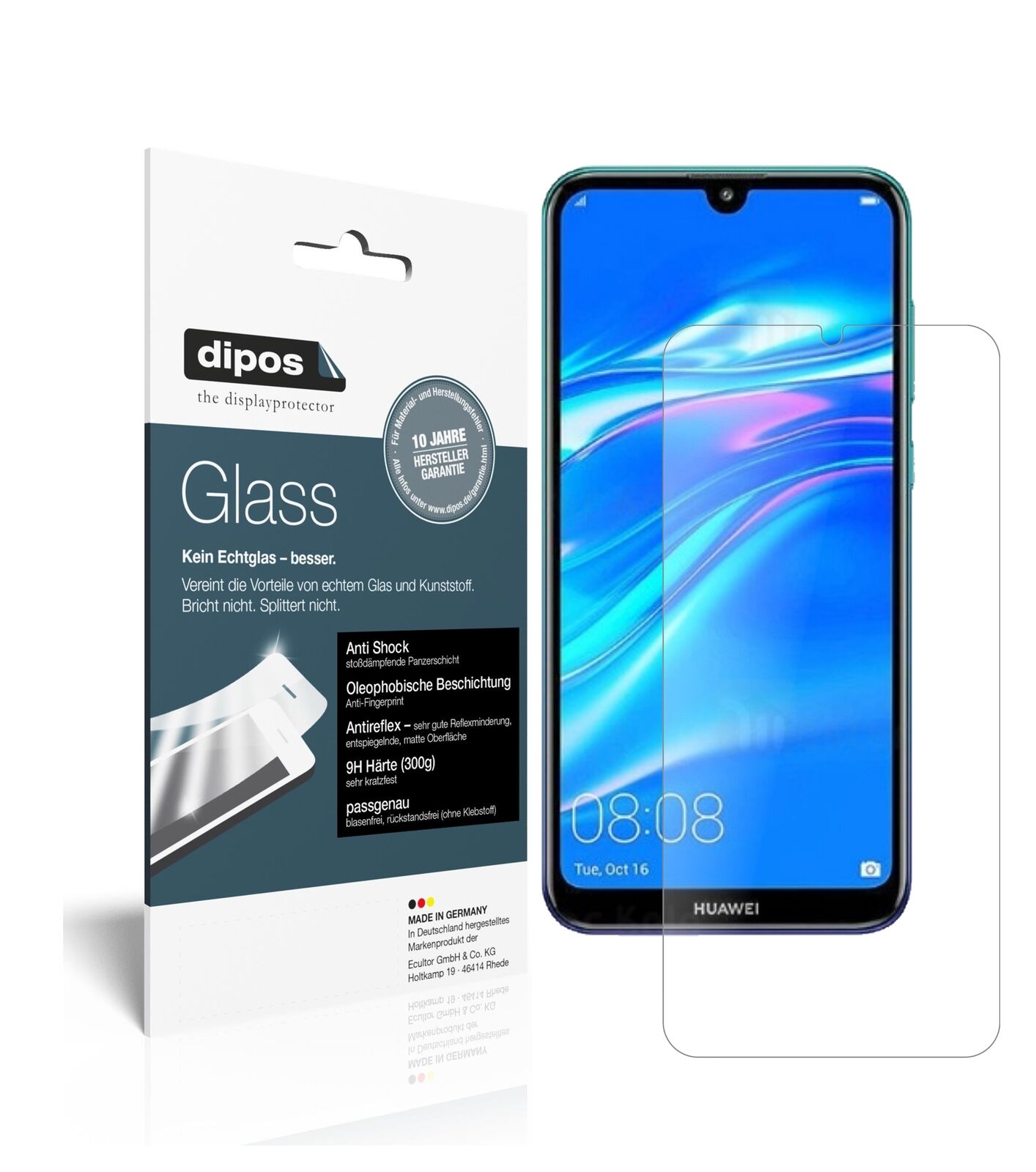 HuaweiY7 Pro (2019) mit aufgebrachter dipos Panzerfolie, die lästige Fingerabdrücke minimiert