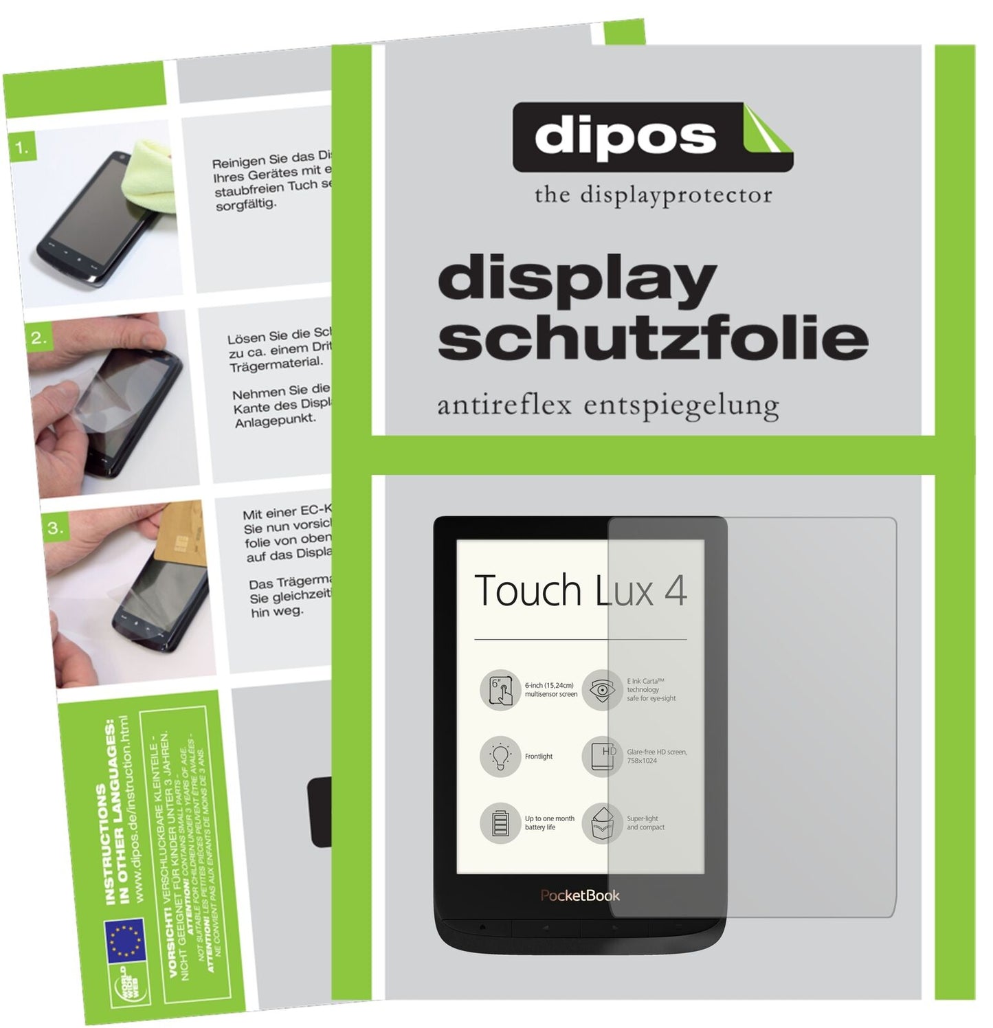 PocketBookTouch Lux 4 mit aufgebrachter dipos Displayschutzfolie, die lästige Fingerabdrücke minimiert