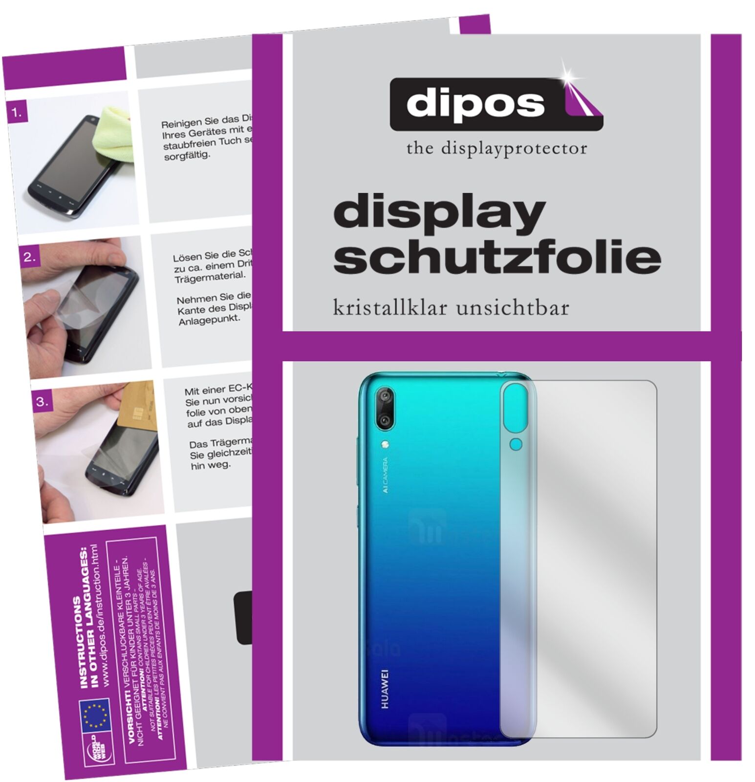 HuaweiEnjoy 9 Rückseite mit aufgebrachter dipos Displayschutzfolie, glasklare Darstellung ohne Einschränkungen