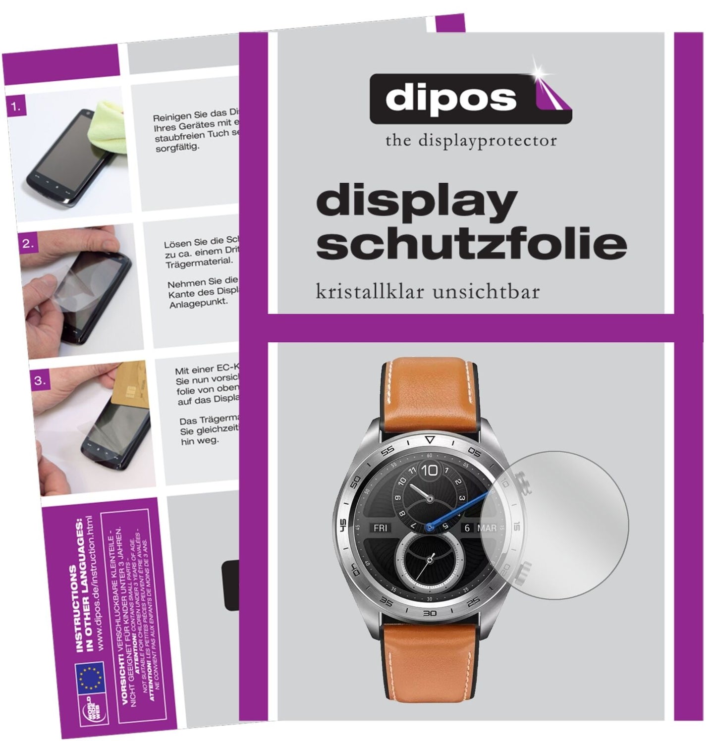 HonorWatch Magic mit aufgebrachter dipos Displayschutzfolie, glasklare Darstellung ohne Einschränkungen
