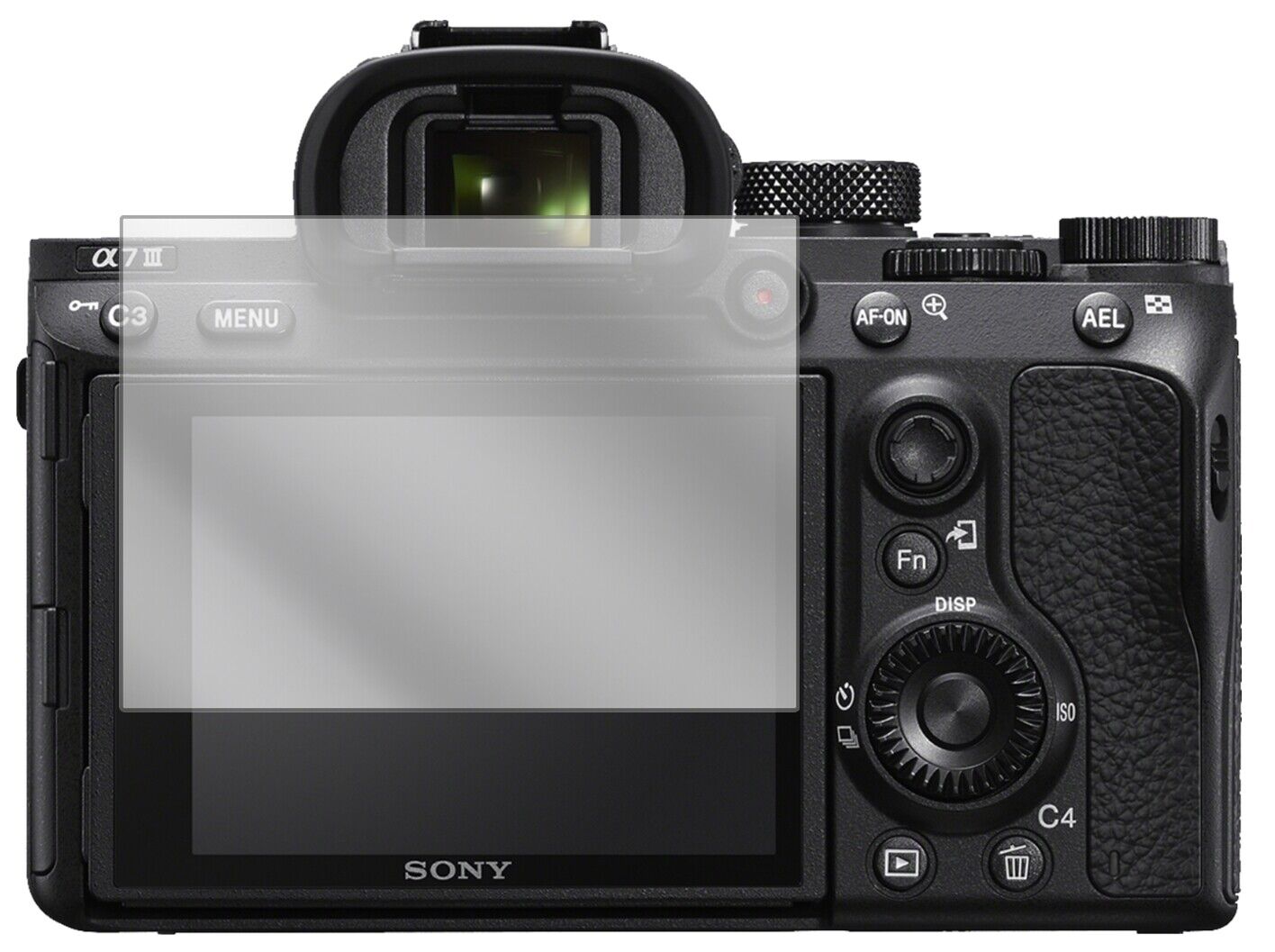 SonyAlpha 7C mit aufgebrachter dipos Displayschutzfolie, glasklare Darstellung ohne Einschränkungen