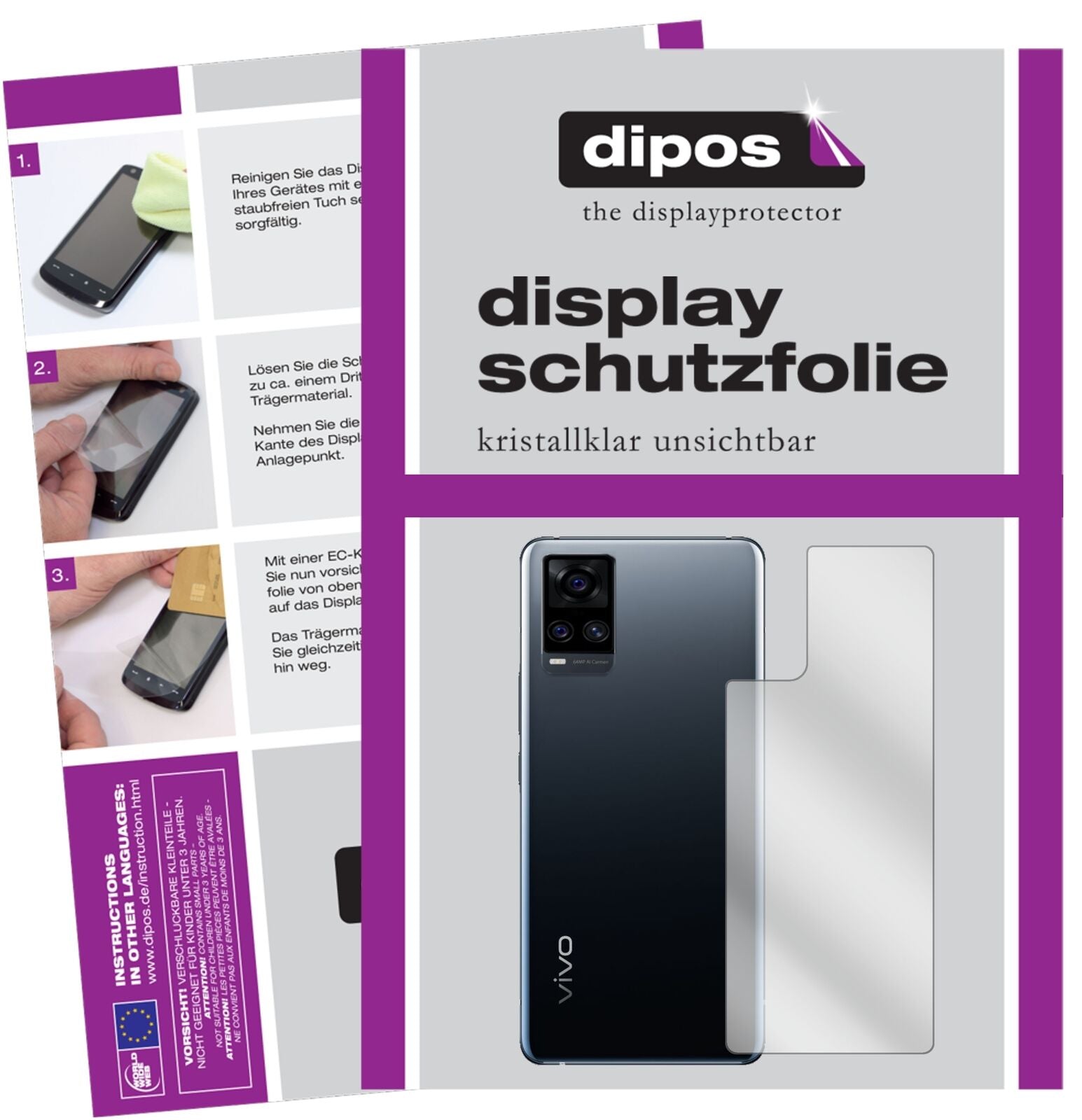 Klare Displayschutzfolie von dipos passend für Vivo S7 5G Rückseite, präziser Zuschnitt und blasenfrei montiert