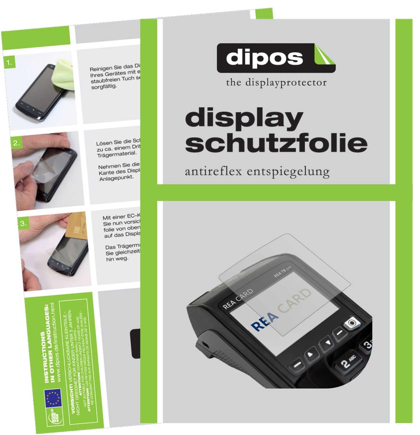 REA CARDT8 pro Terminal mit aufgebrachter dipos Displayschutzfolie, die lästige Fingerabdrücke minimiert