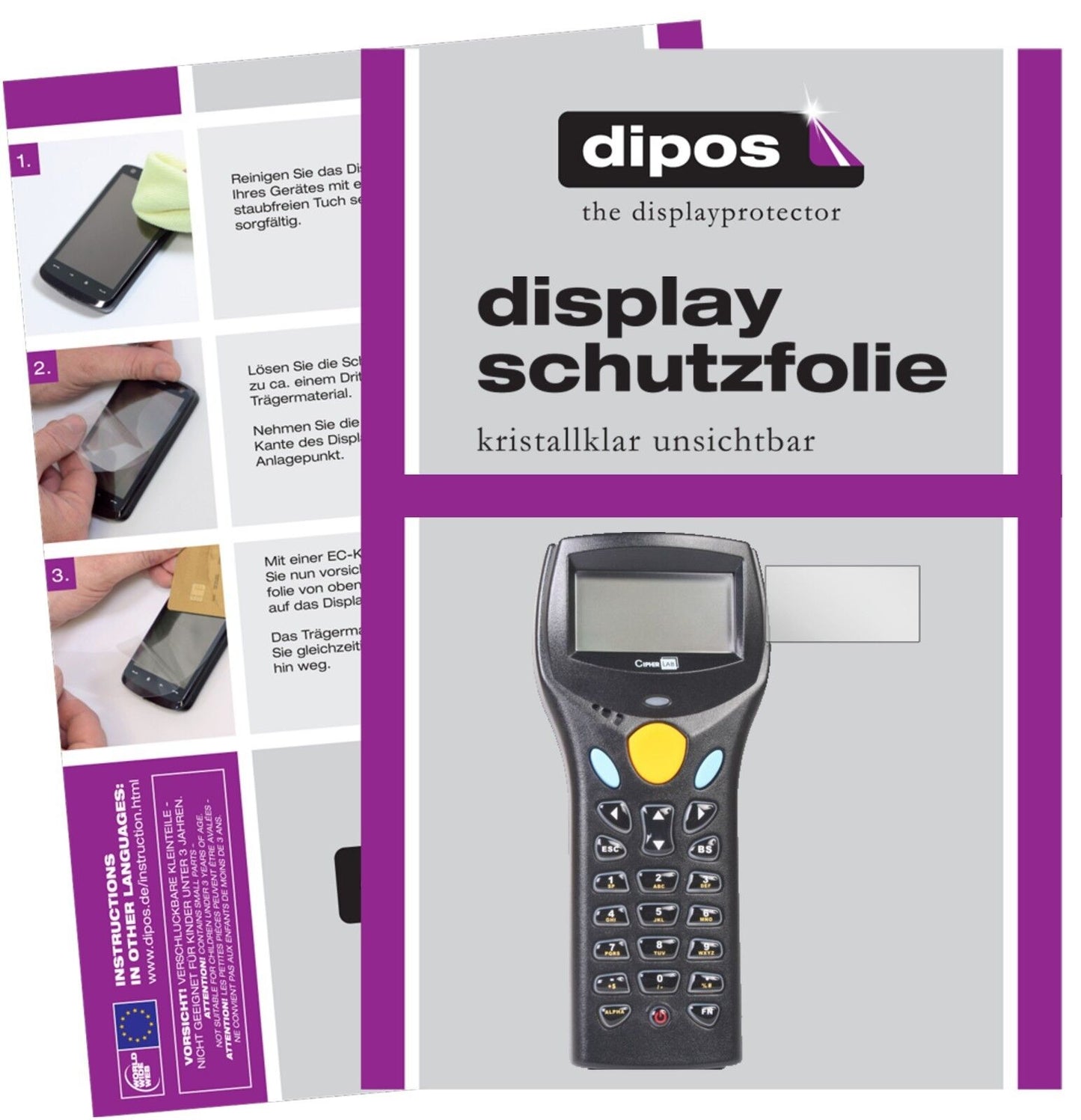 Cipherlab8300 mit aufgebrachter dipos Displayschutzfolie, glasklare Darstellung ohne Einschränkungen