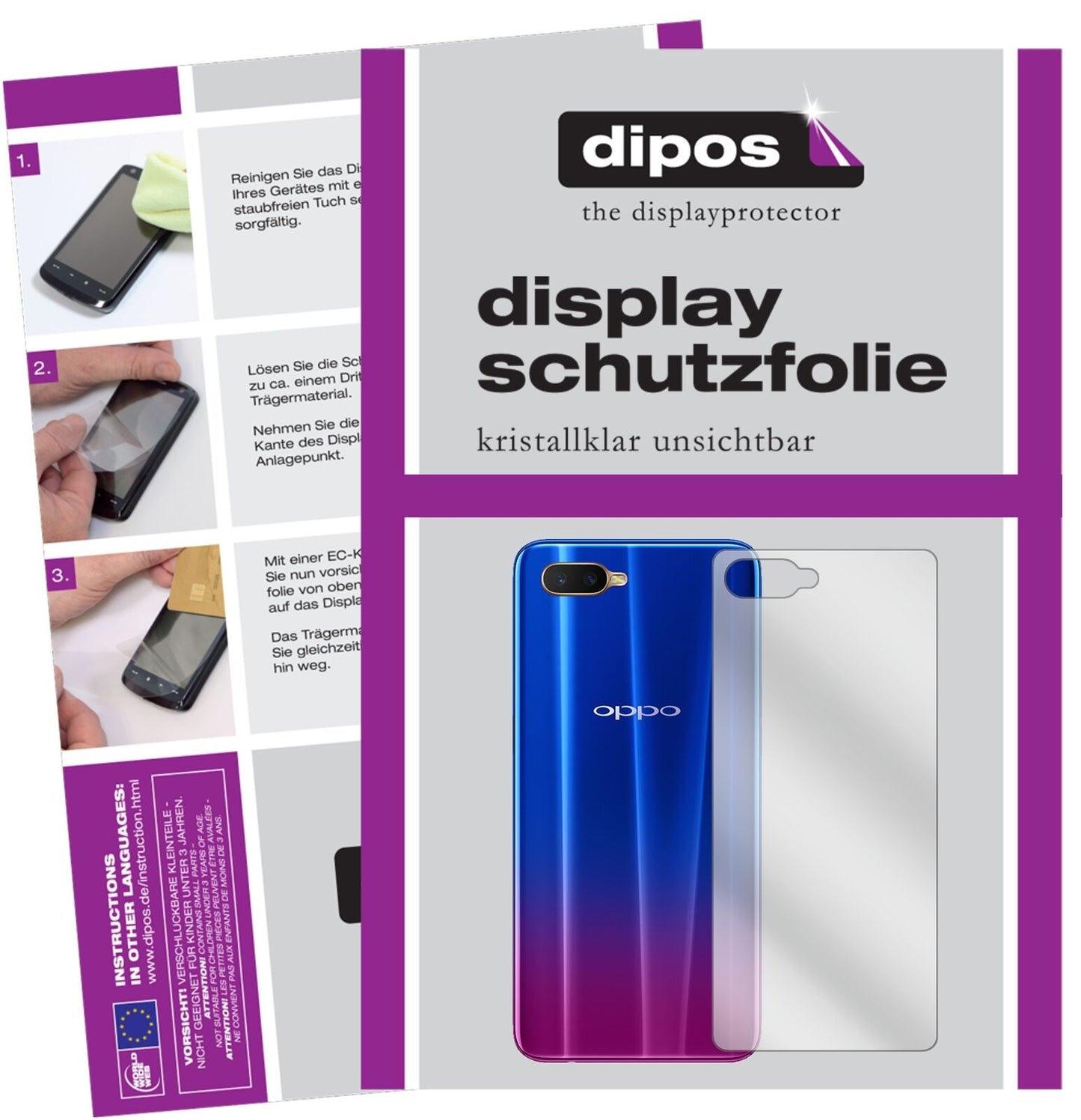 OppoR15x Rückseite mit aufgebrachter dipos Displayschutzfolie, glasklare Darstellung ohne Einschränkungen