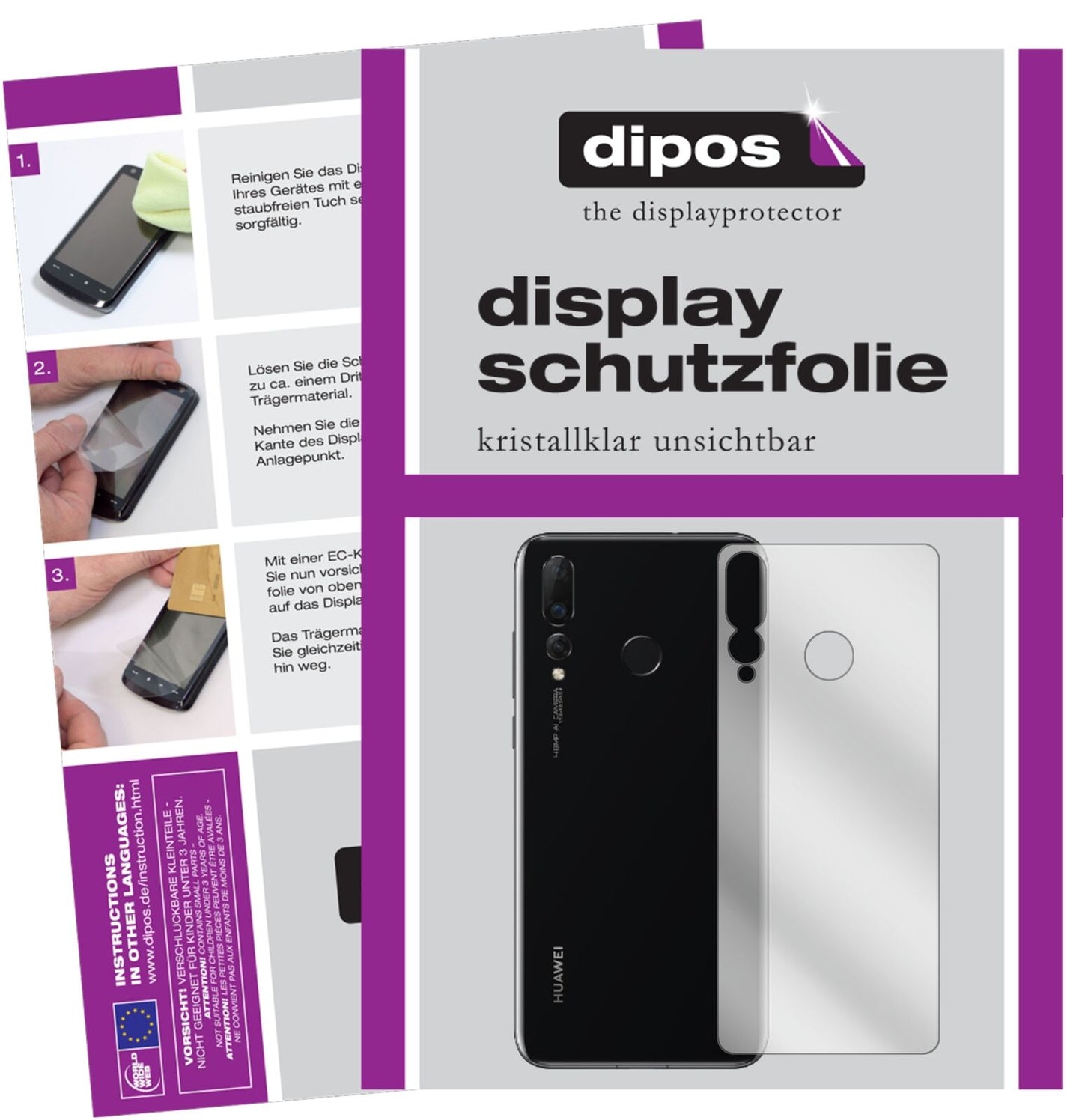 HuaweiNova 4 Rückseite mit aufgebrachter dipos Displayschutzfolie, glasklare Darstellung ohne Einschränkungen