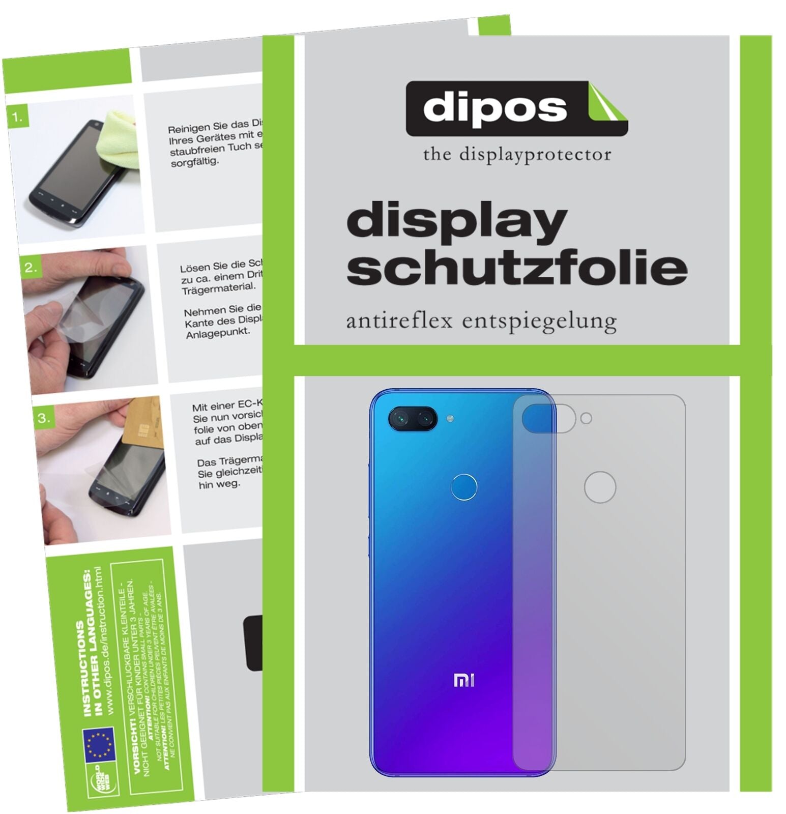 XiaomiMi 8 Lite Rückseite mit aufgebrachter dipos Displayschutzfolie, die lästige Fingerabdrücke minimiert