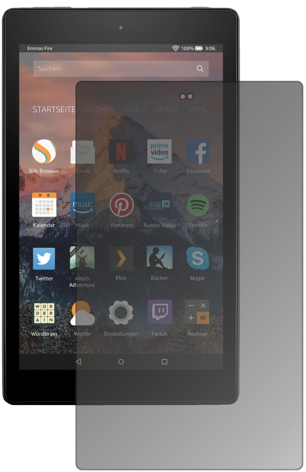 AmazonFire HD 8 Plus (2020) mit aufgebrachtem dipos Displayschutz, der seitliche Einblicke blockiert