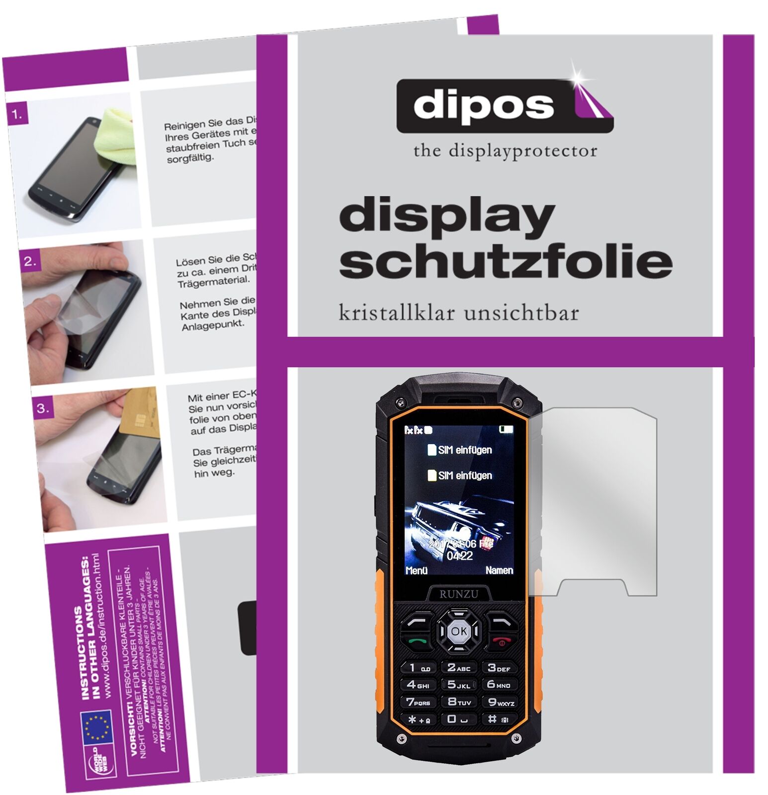 RunzuM8 mit aufgebrachter dipos Displayschutzfolie, glasklare Darstellung ohne Einschränkungen