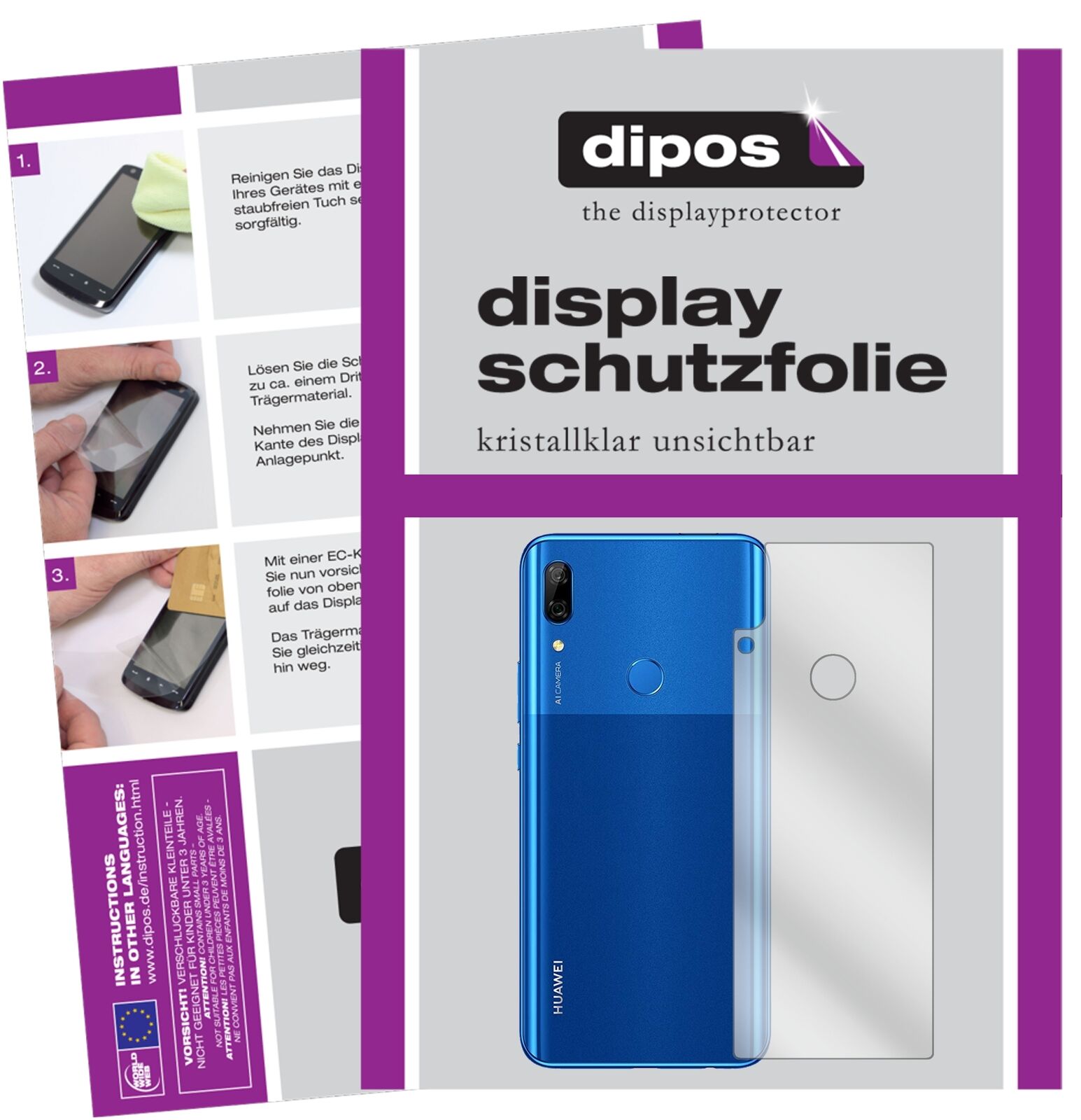 HuaweiP Smart Z (2019) Rückseite mit aufgebrachter dipos Displayschutzfolie, glasklare Darstellung ohne Einschränkungen