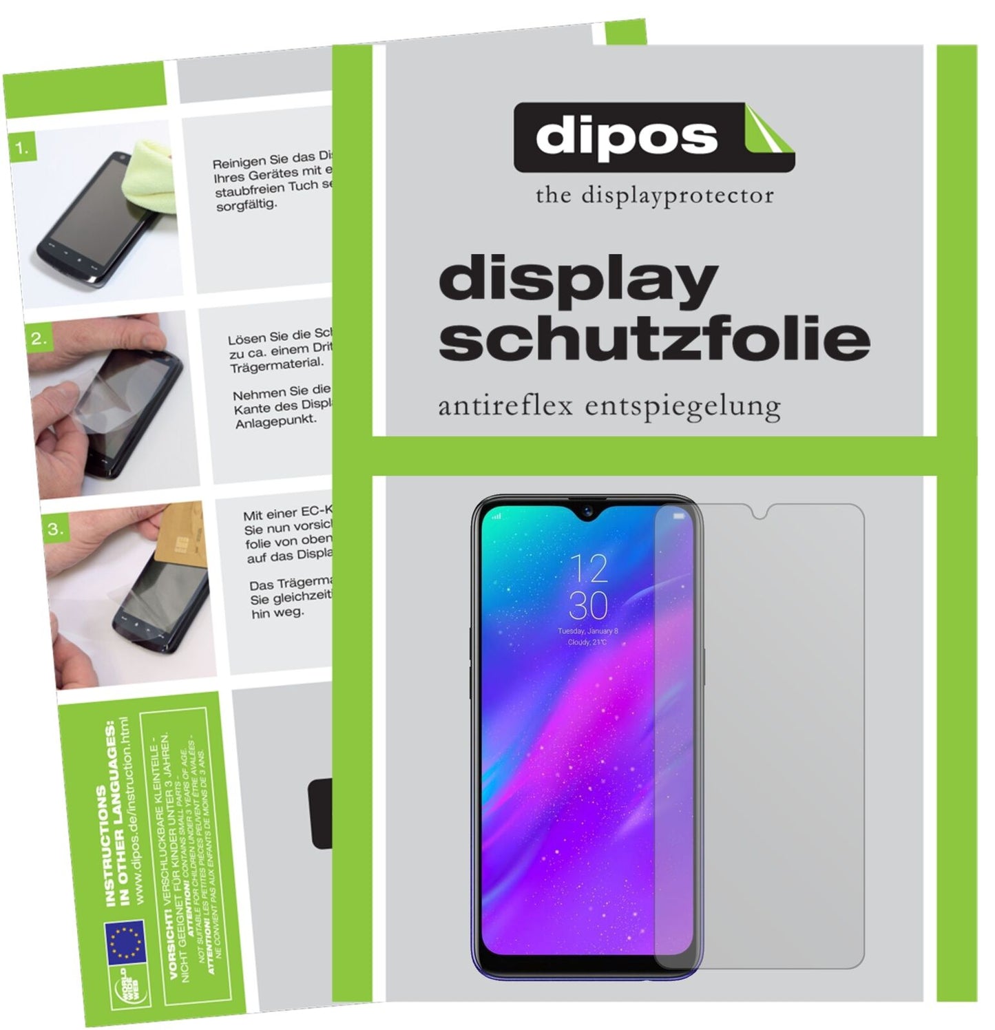 OppoRealme 3 mit aufgebrachter dipos Displayschutzfolie, die lästige Fingerabdrücke minimiert