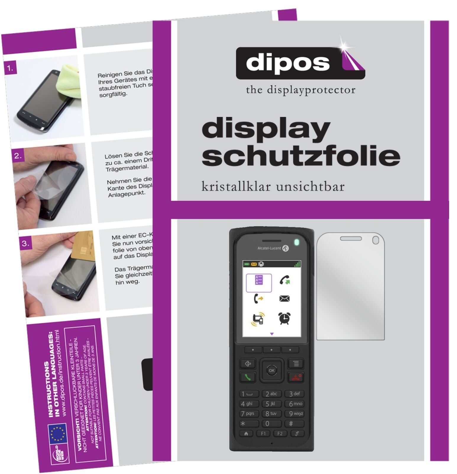 Alcatel8262 mit aufgebrachter dipos Displayschutzfolie, glasklare Darstellung ohne Einschränkungen