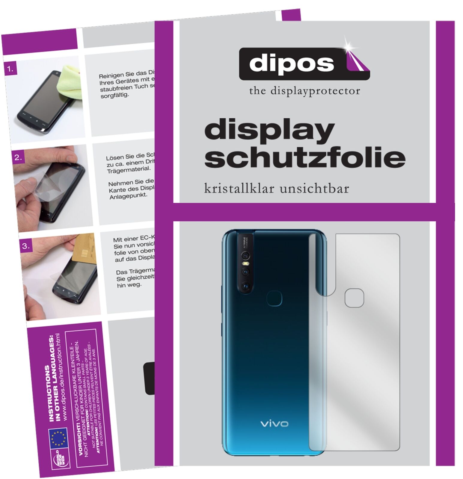 VivoS1 Rückseite mit aufgebrachter dipos Displayschutzfolie, glasklare Darstellung ohne Einschränkungen