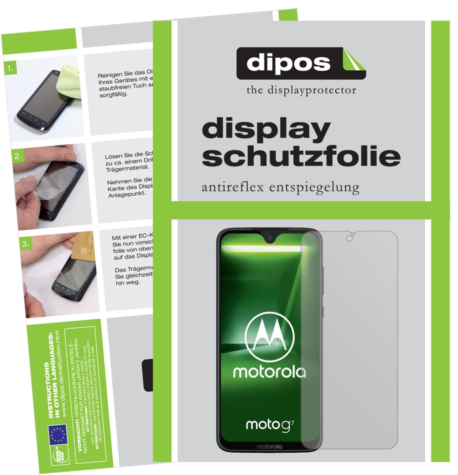 MotorolaMoto G7 mit aufgebrachter dipos Displayschutzfolie, die lästige Fingerabdrücke minimiert