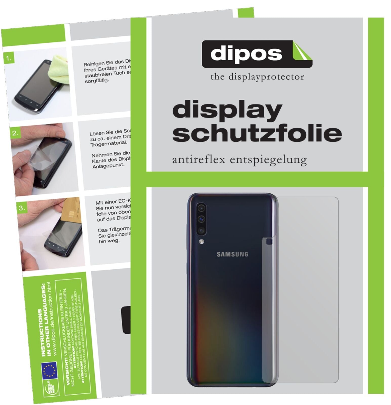 SamsungGalaxy A40 Rückseite mit aufgebrachter dipos Displayschutzfolie, die lästige Fingerabdrücke minimiert