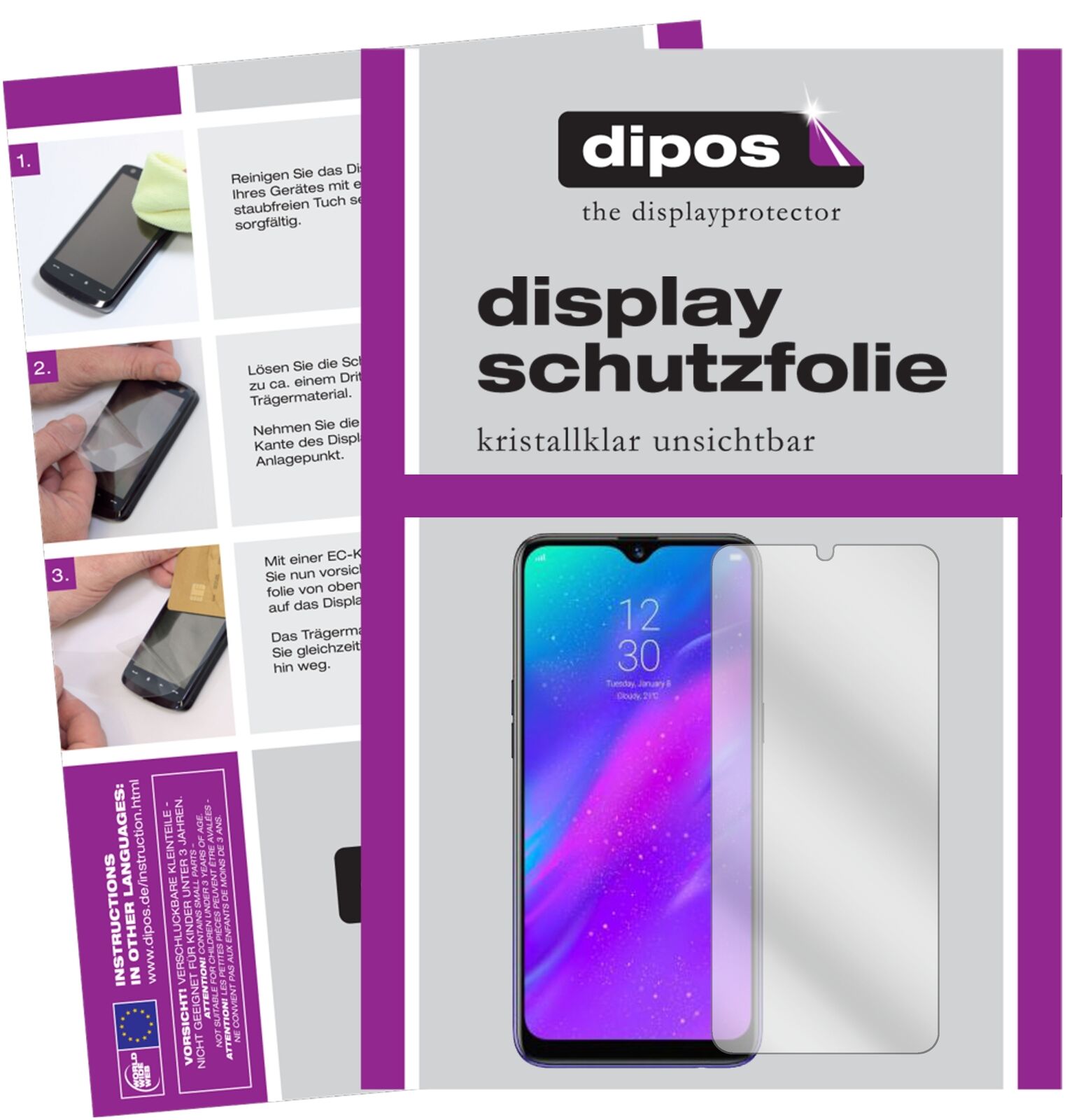 OppoRealme 3 Pro mit aufgebrachter dipos Displayschutzfolie, glasklare Darstellung ohne Einschränkungen